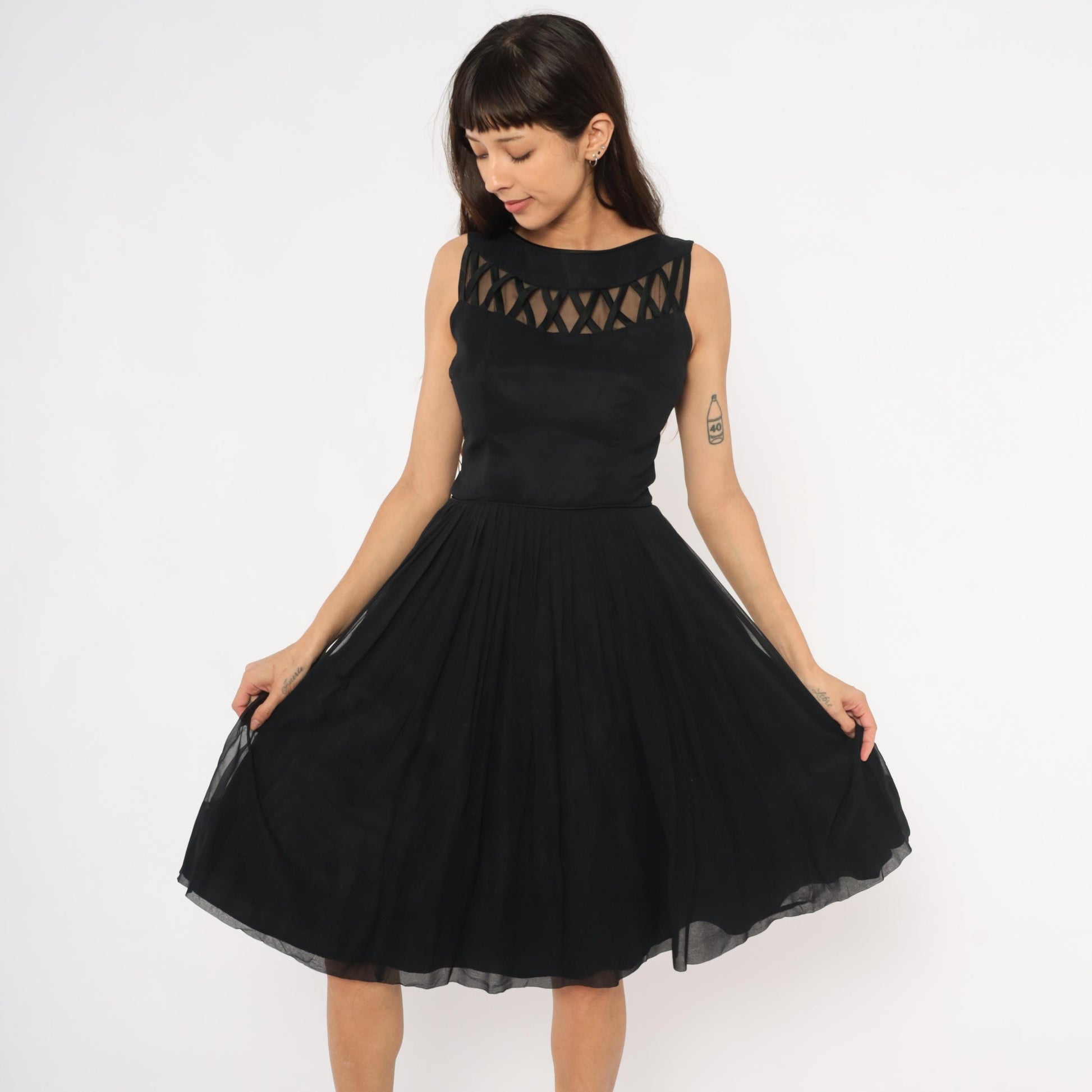 60s Black Chiffon Cocktail Dress Lattice Cutout Boat Neck Small