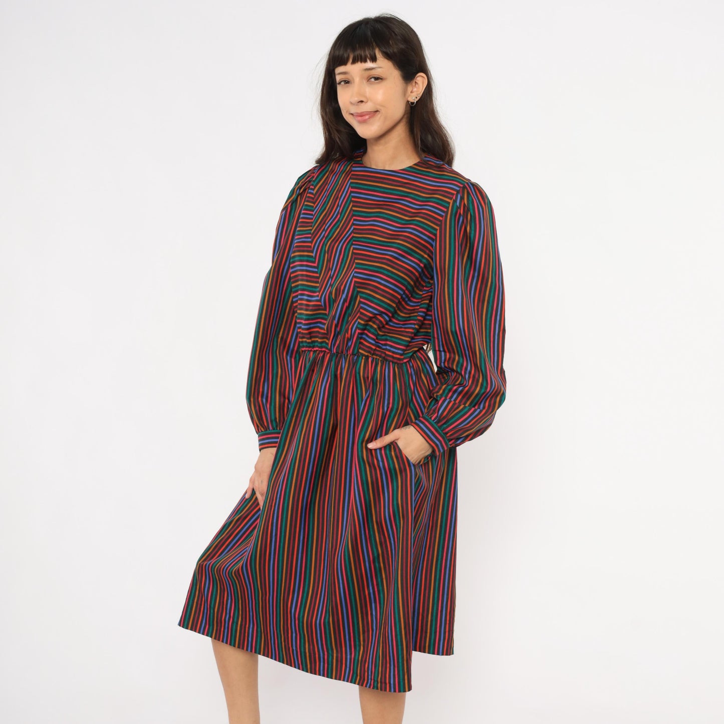 80s DW3 Multicolor Chevron Stripe Dress Puff Sleeve Gathered Waist Large