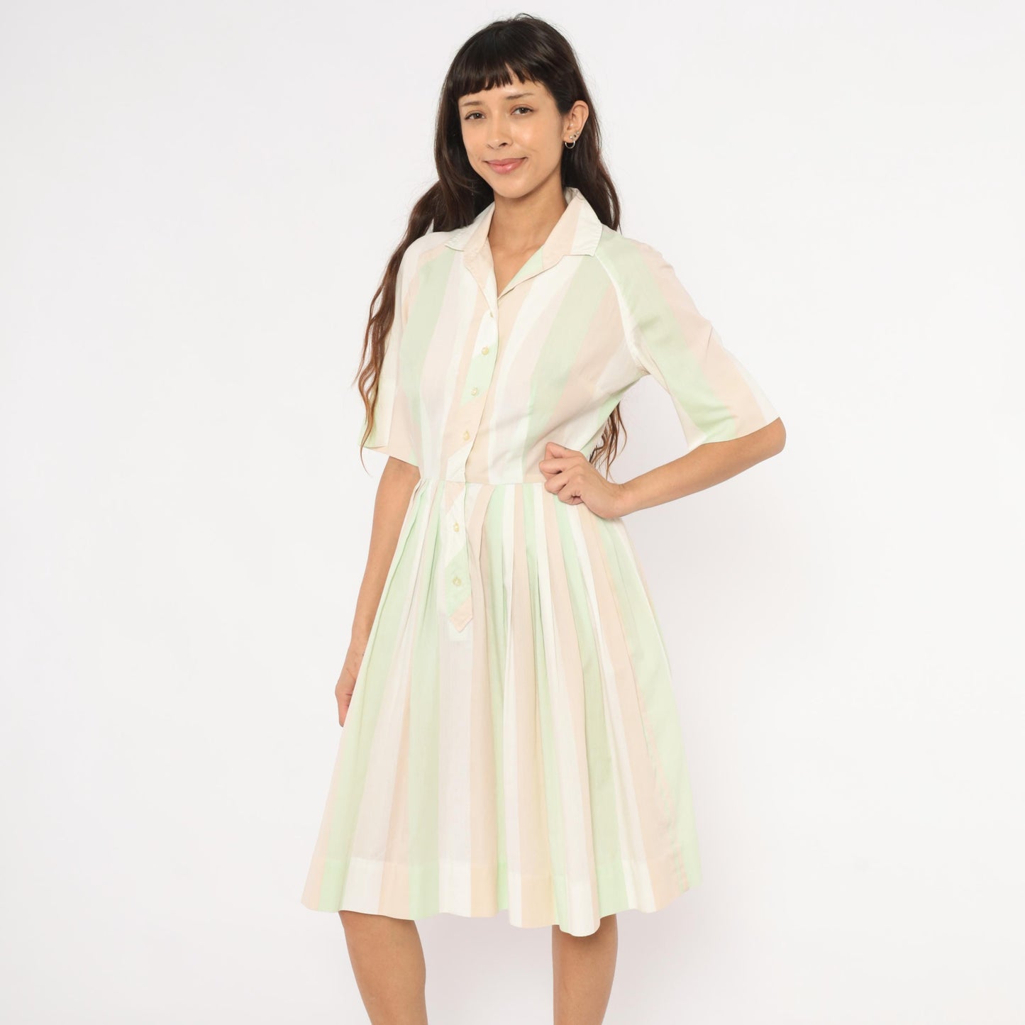 60s Pastel Striped Shirtdress Mint Green Pink Button Front Knee Length Medium