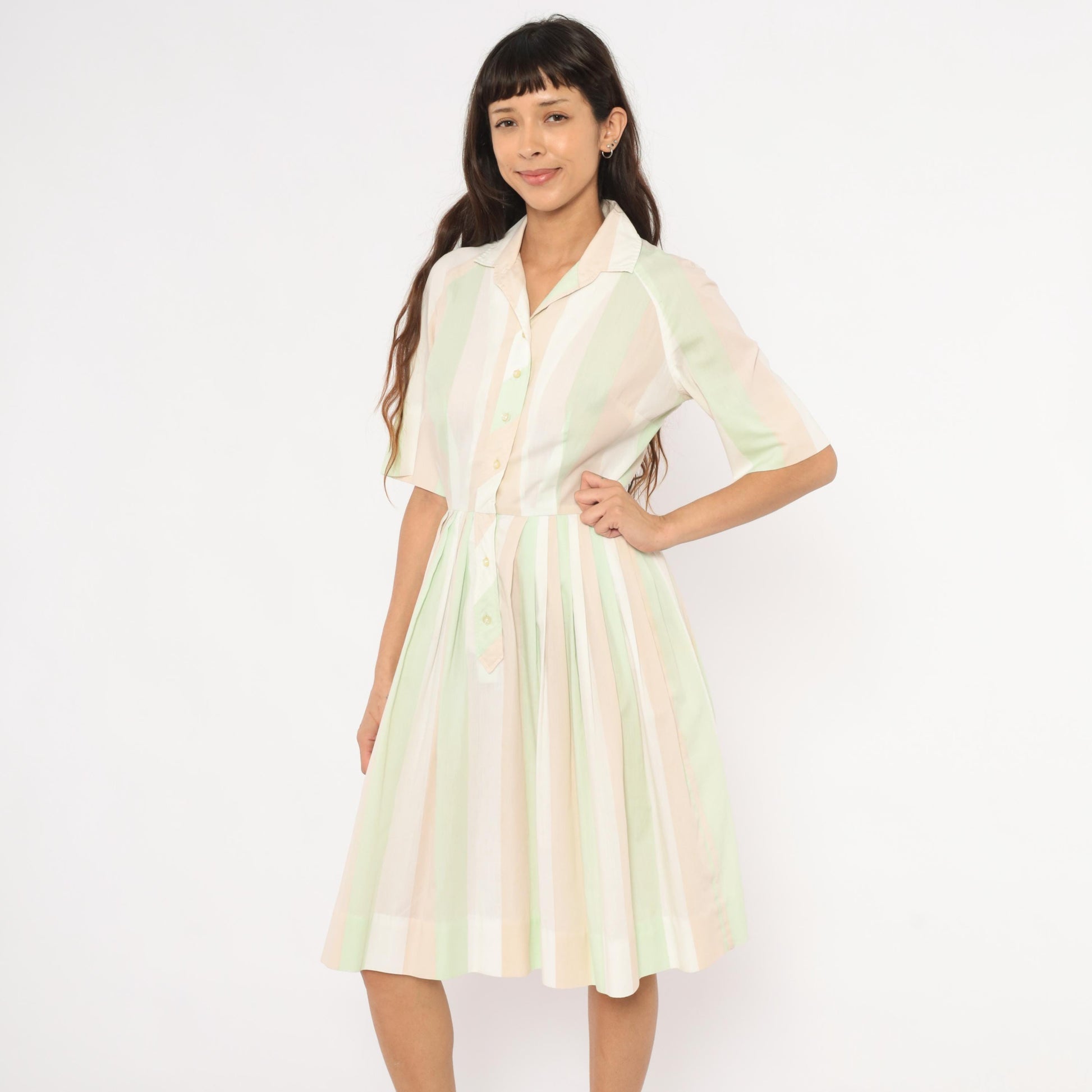60s Pastel Striped Shirtdress Mint Green Pink Button Front Knee Length Medium