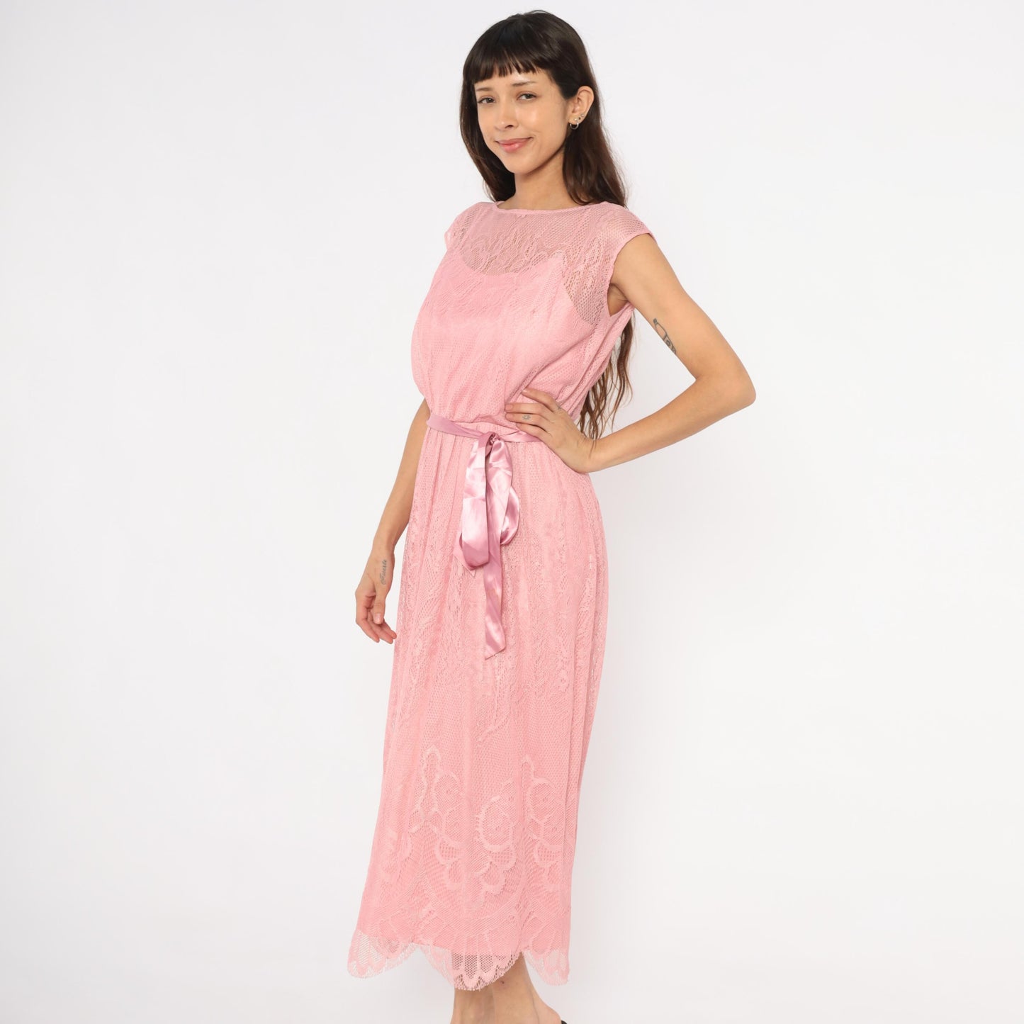80s Rose Pink Lace Midi Dress Cap Sleeve Scalloped Hem Small S