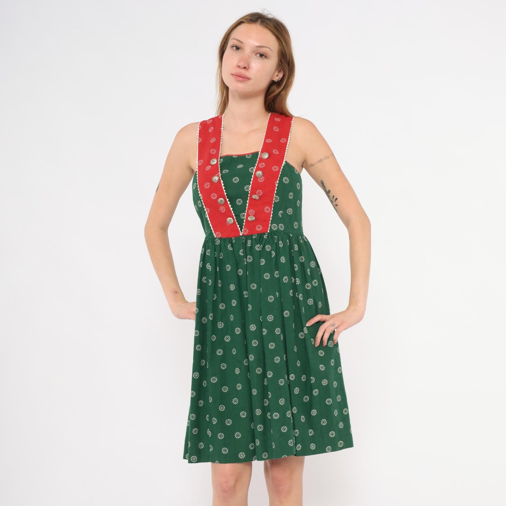 60s Muchner Kindermoden Dirndl Dress Green Floral Red Bodice Square Neck Extra Small