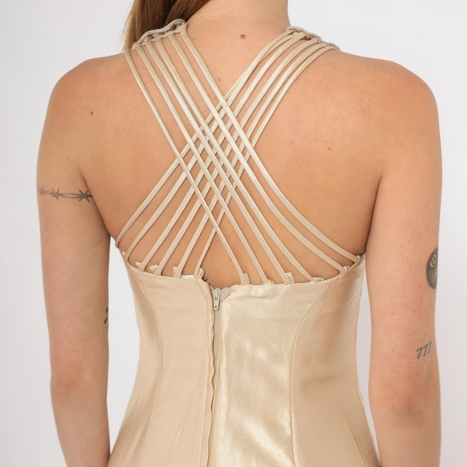 90s Champagne Satin Maxi Dress Criss Cross Straps Sweetheart Bodice Gold Evening Gown Extra Small XS