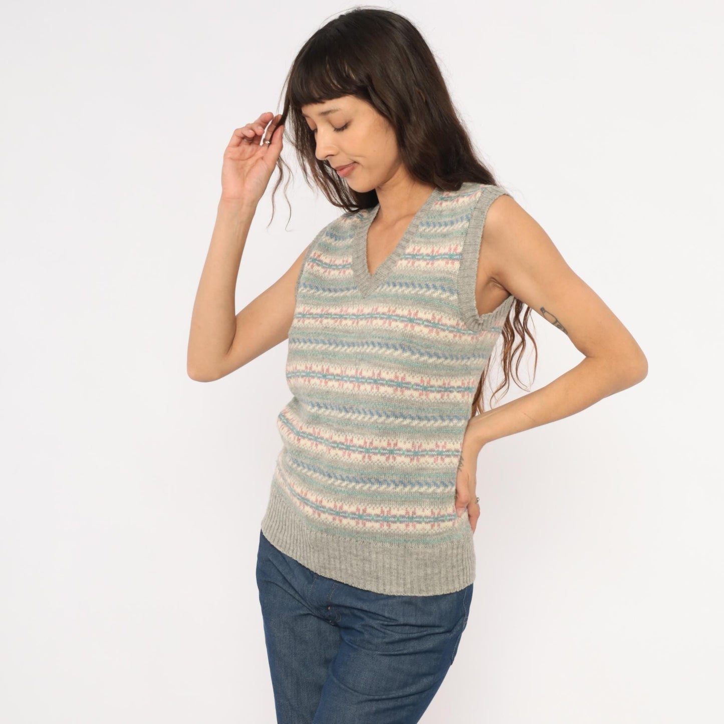 80s JJ McWays Fair Isle Sweater Vest Wool Blend Grey Pink Blue Small
