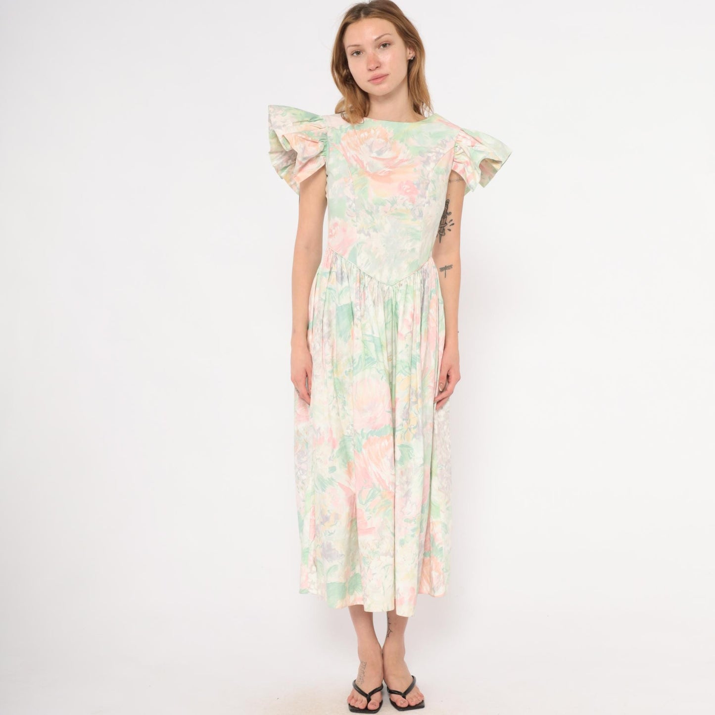 90s JCPenney Floral Midi Dress Watercolor Rose Basque Waist Flutter Sleeve Small S