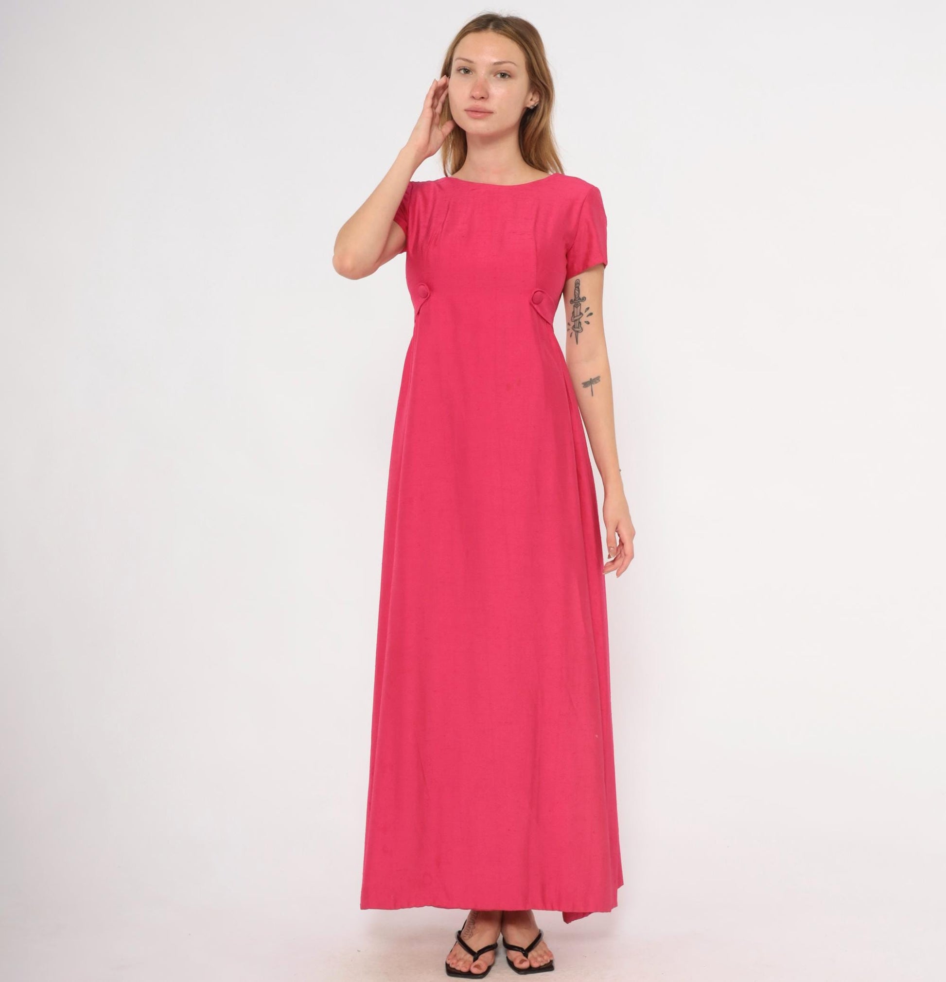 60s Emma Domb Fuchsia Empire Waist Maxi Gown Cap Sleeve Extra Small XS