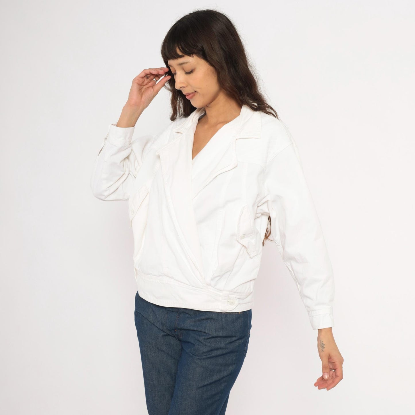 80s Together White Cotton Wrap Jacket Cropped Blouson Medium M