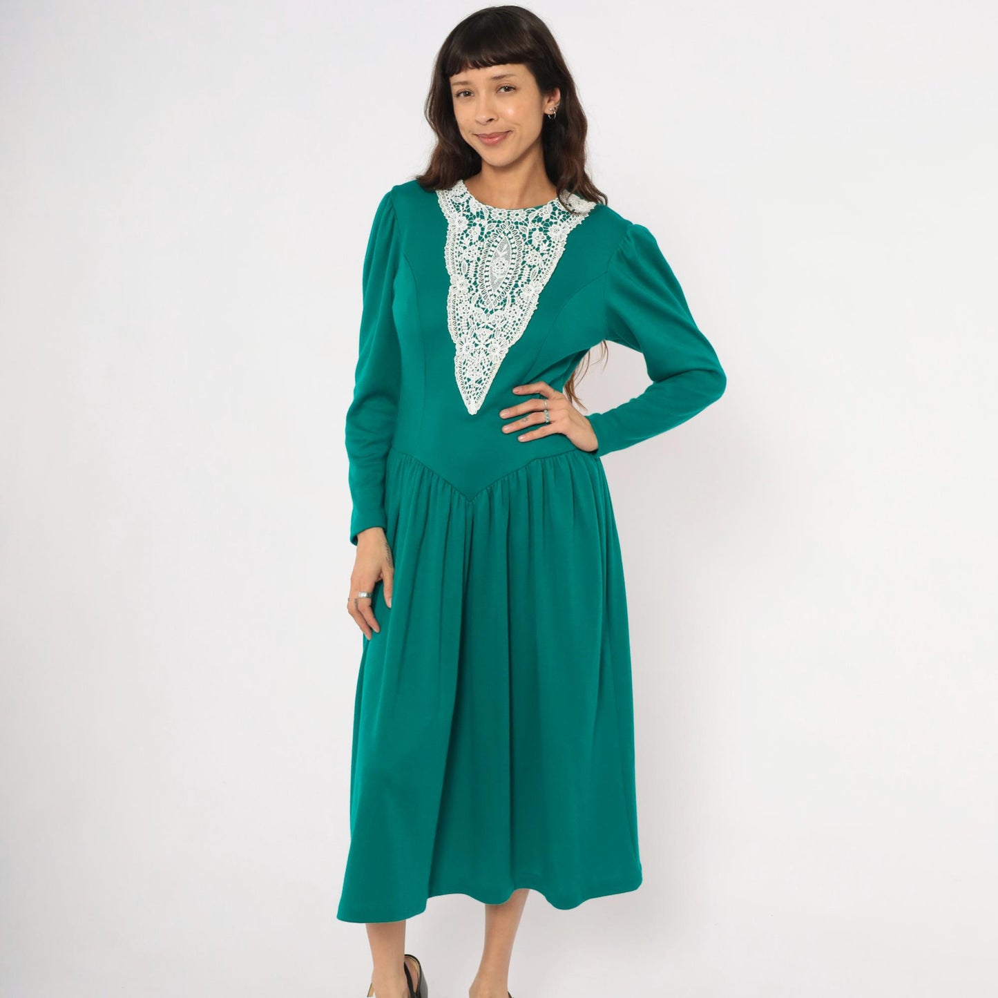 80s Expo Teal Midi Dress Lace Bib Puff Sleeve Fitted Bodice Medium M