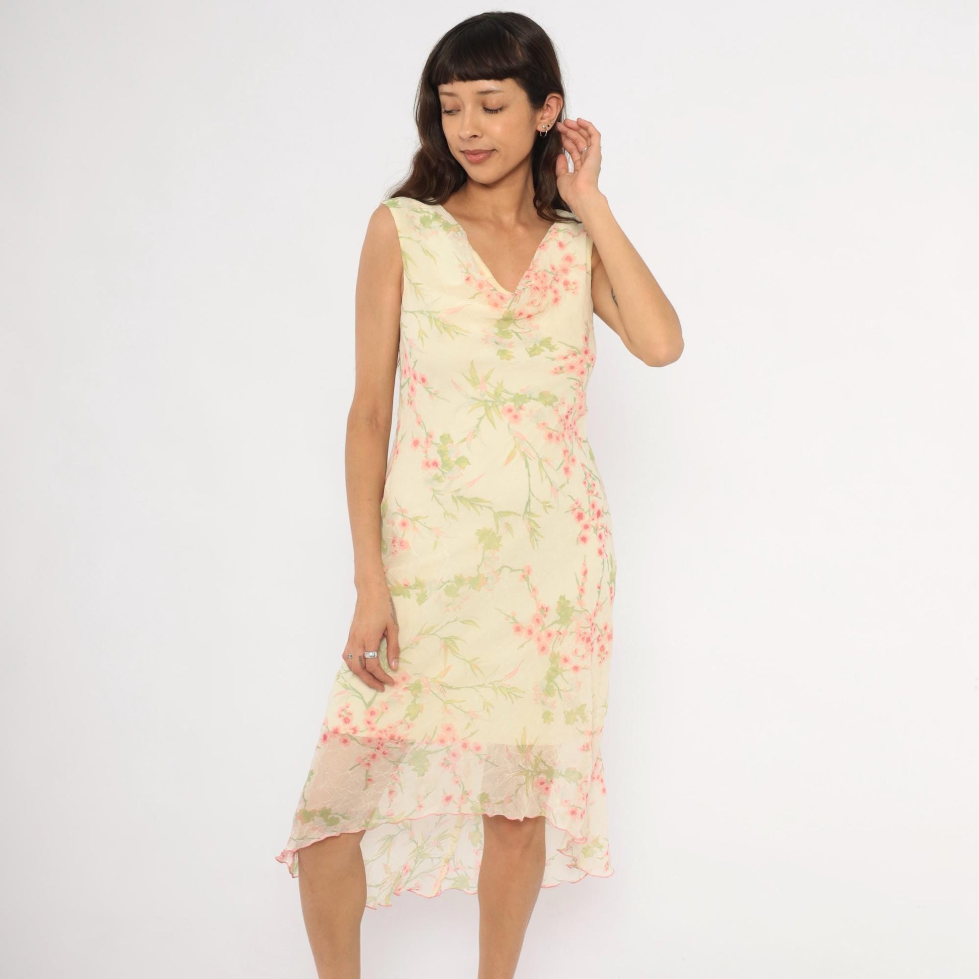 90s City Triangles Cherry Blossom Chiffon Dress Pink Cream Medium M