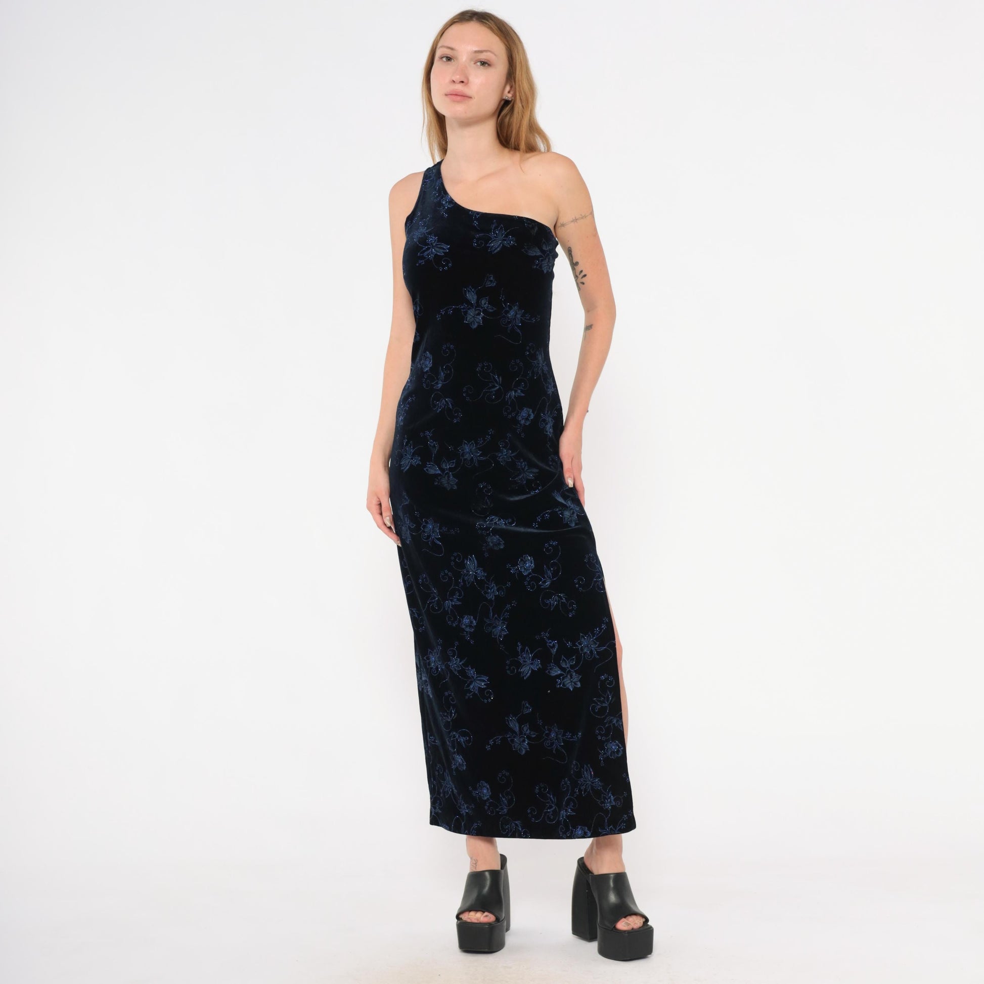 90s Pulse Navy Velvet Maxi Gown One-Shoulder Glitter Floral Asymmetric Slit Large L