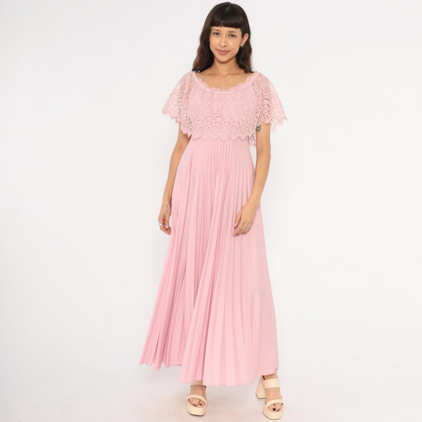 70s Pink Lace Cape Maxi Dress Scalloped Flutter Sleeve Accordion Pleated Small S