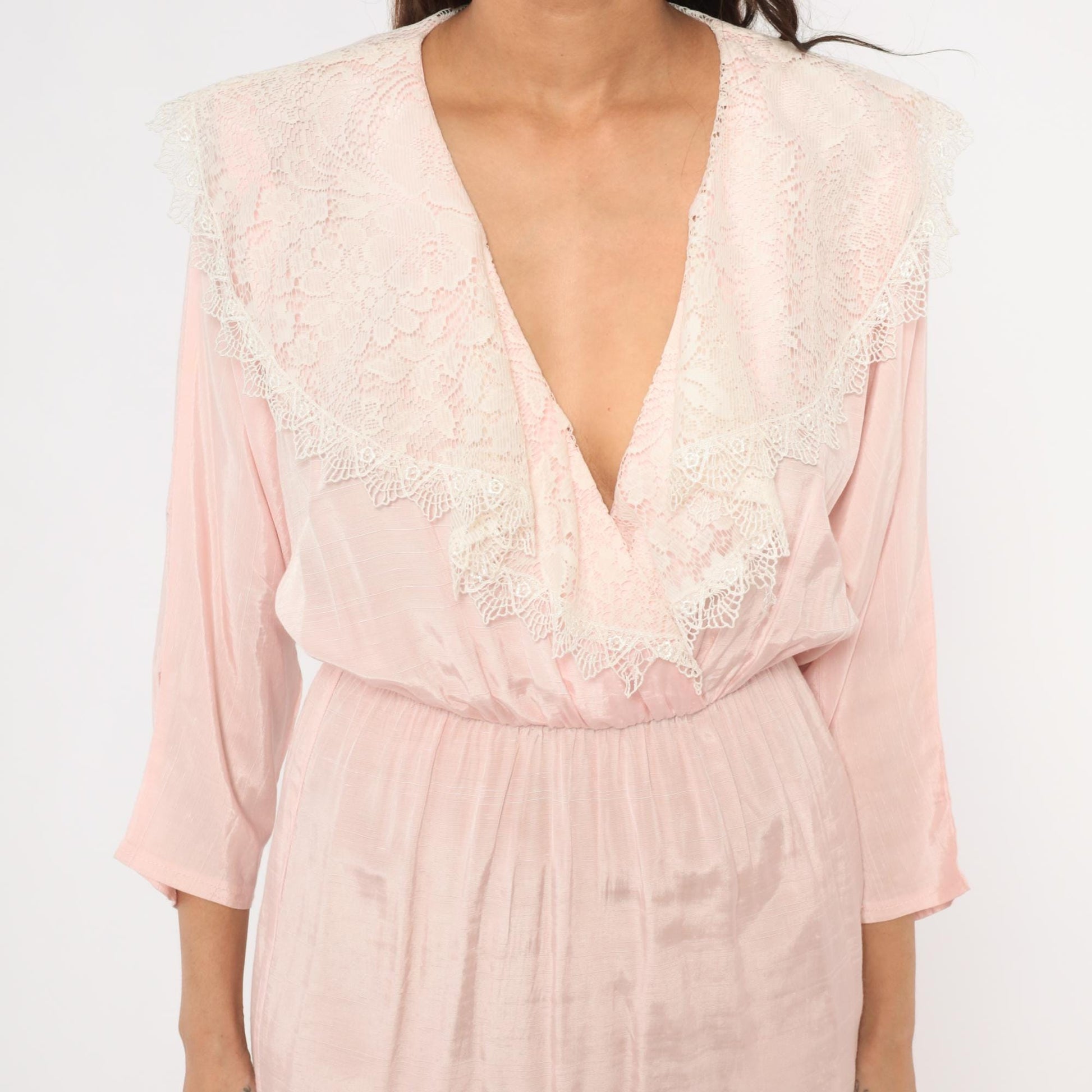 80s DQ Fashions Blush Pink Midi Dress Lace Collar V-Neck Small S