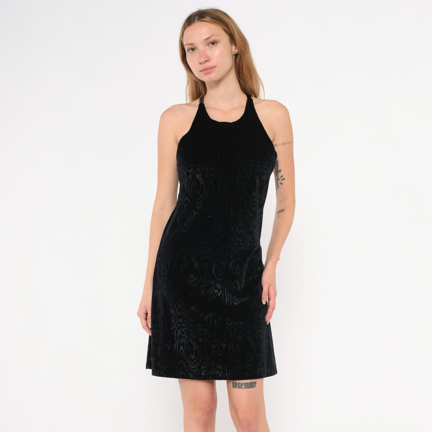 90s Mimosa Black Velvet Halter Mini Dress Swirl Pattern Small