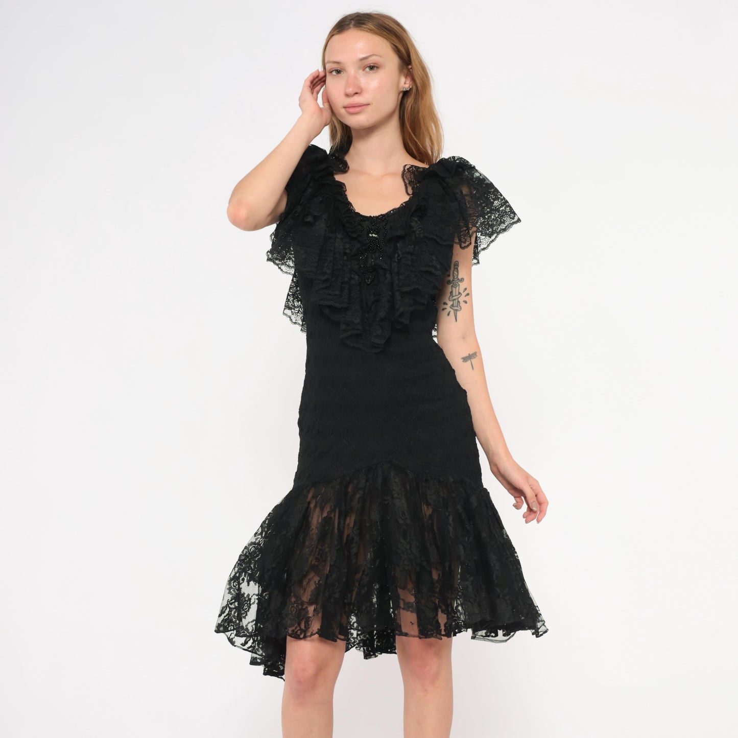 90s Lou Gene's Black Lace Dress Flutter Sleeve Open Back Knee-Length Small S