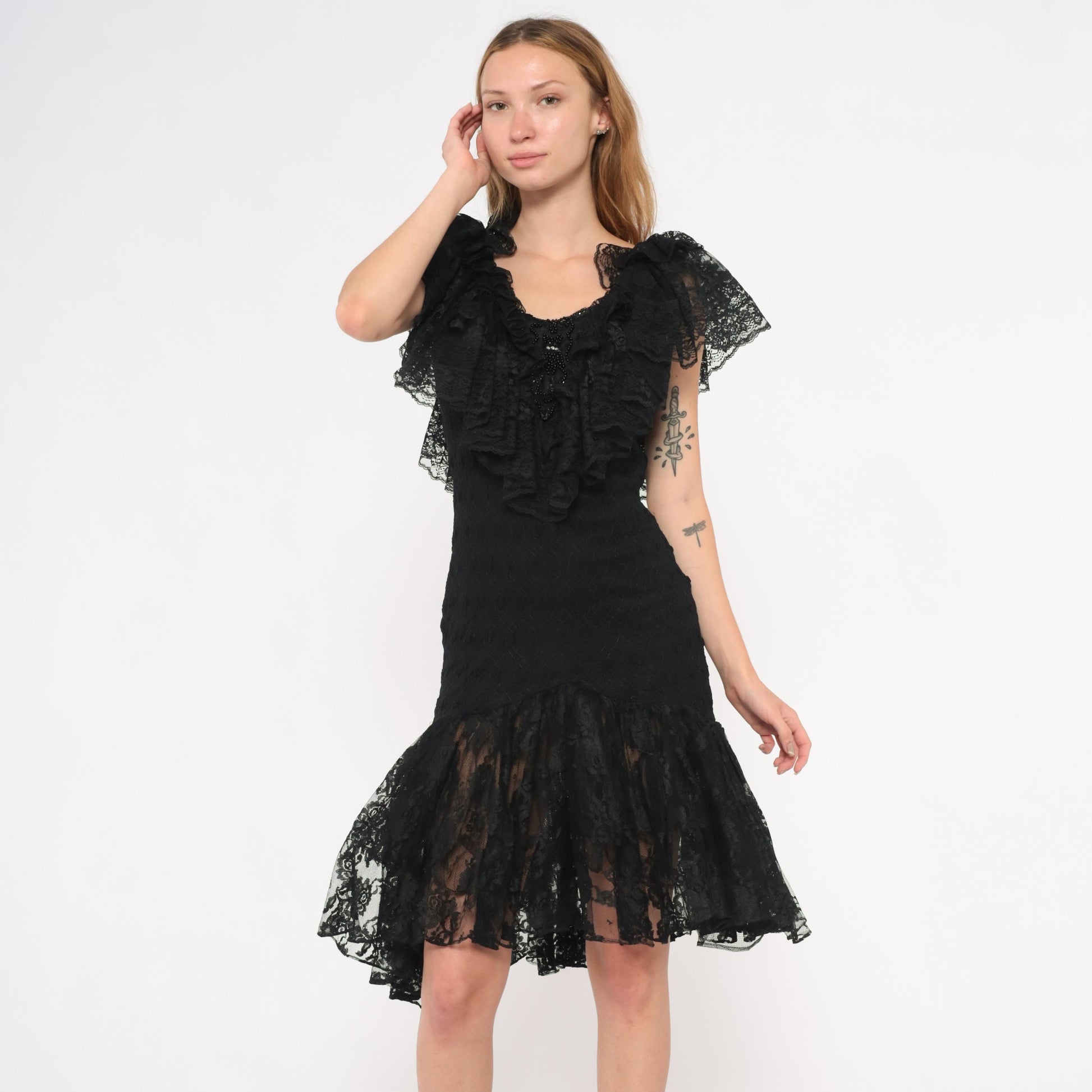 90s Lou Gene's Black Lace Dress Flutter Sleeve Open Back Knee-Length Small S