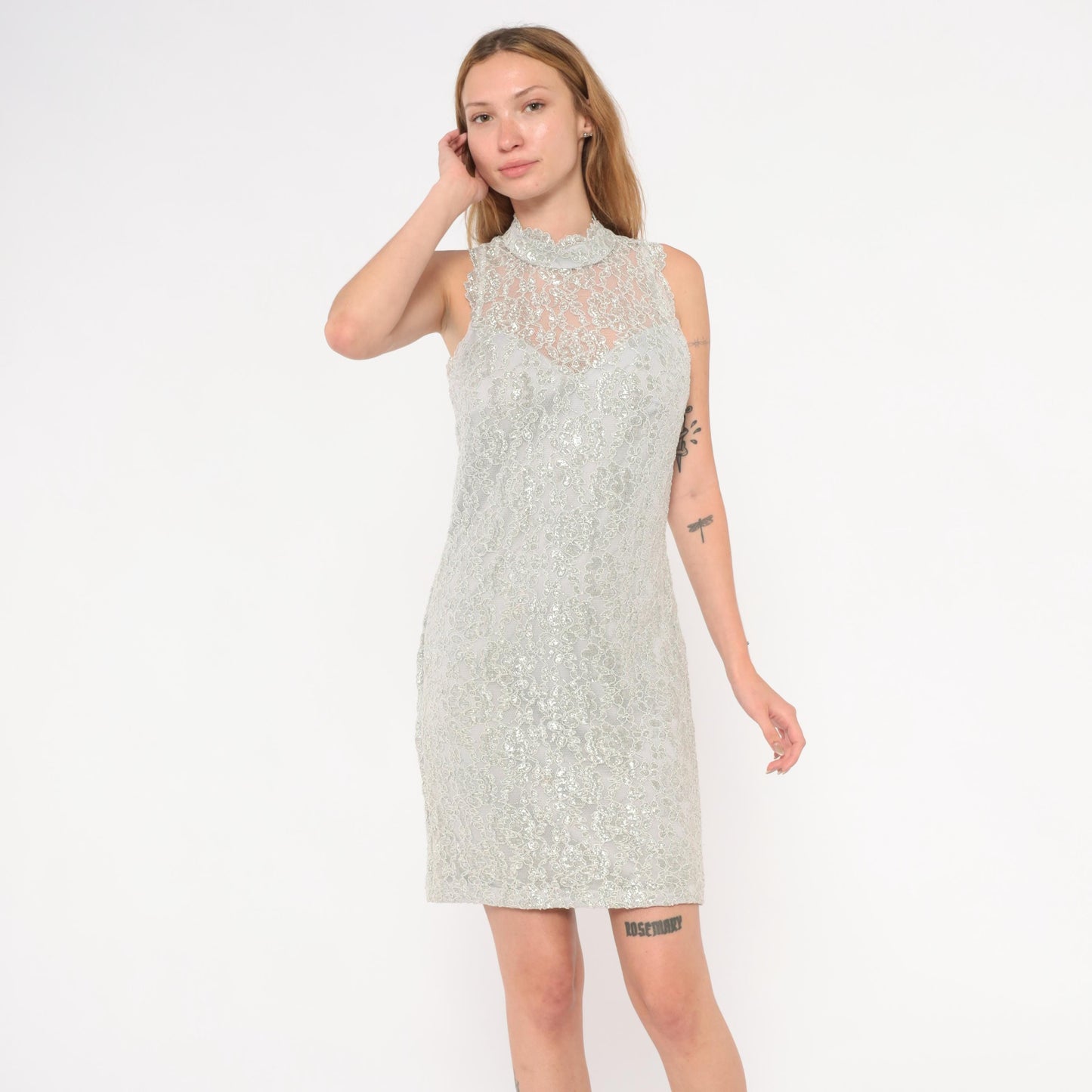 90s Silver Lace Mini Dress Nite Scarlet Mock Neck Metallic Floral Small Medium