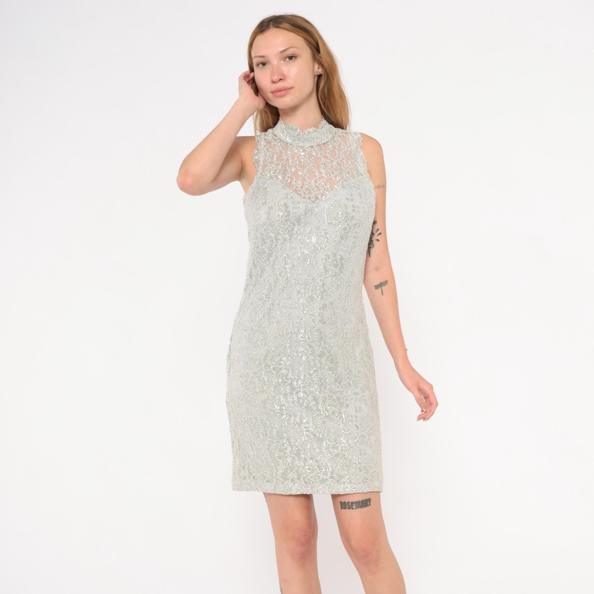 90s Silver Lace Mini Dress Nite Scarlet Mock Neck Metallic Floral Small Medium