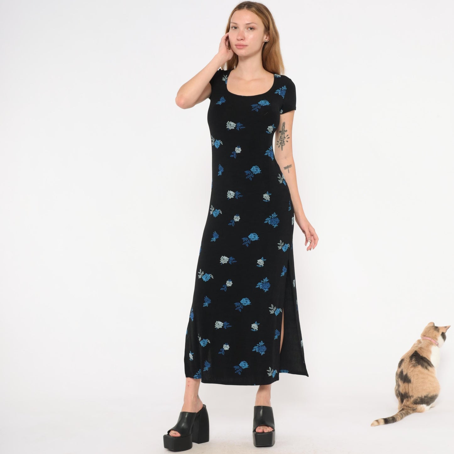 90s Jalate Black Floral Maxi Dress Blue Rose Print Side Slit Medium