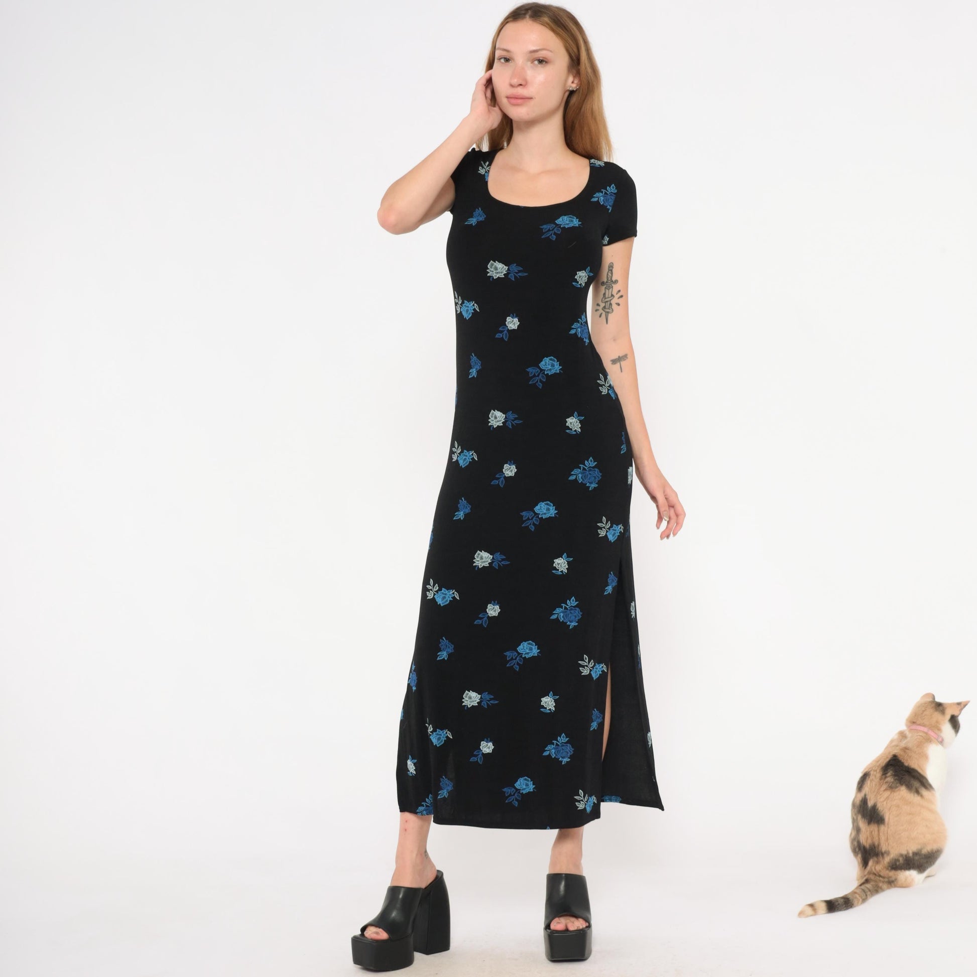 90s Jalate Black Floral Maxi Dress Blue Rose Print Side Slit Medium