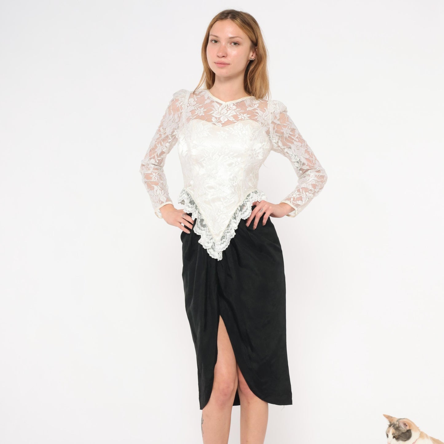 90s Black Ivory Lace Sweetheart Midi Dress Sheer Bustle Satin Pencil Skirt XS
