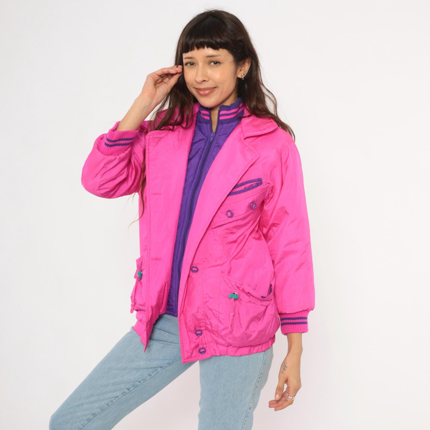 90s Survival Club Hot Pink Nylon Windbreaker Double Breasted Purple Lined XS