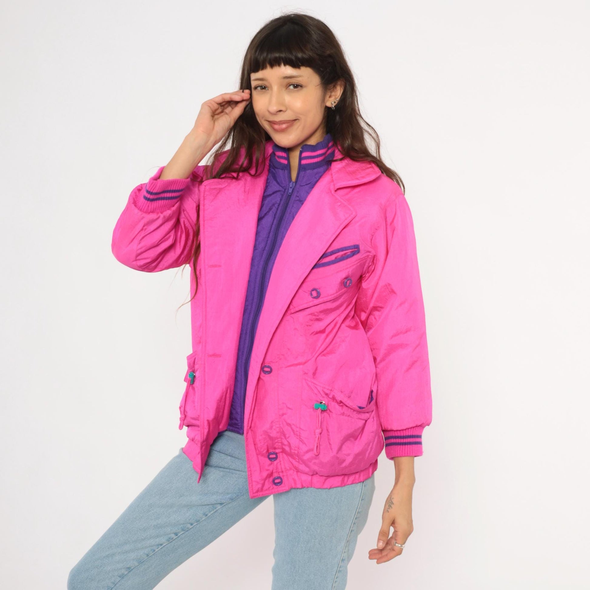 90s Survival Club Hot Pink Nylon Windbreaker Double Breasted Purple Lined XS