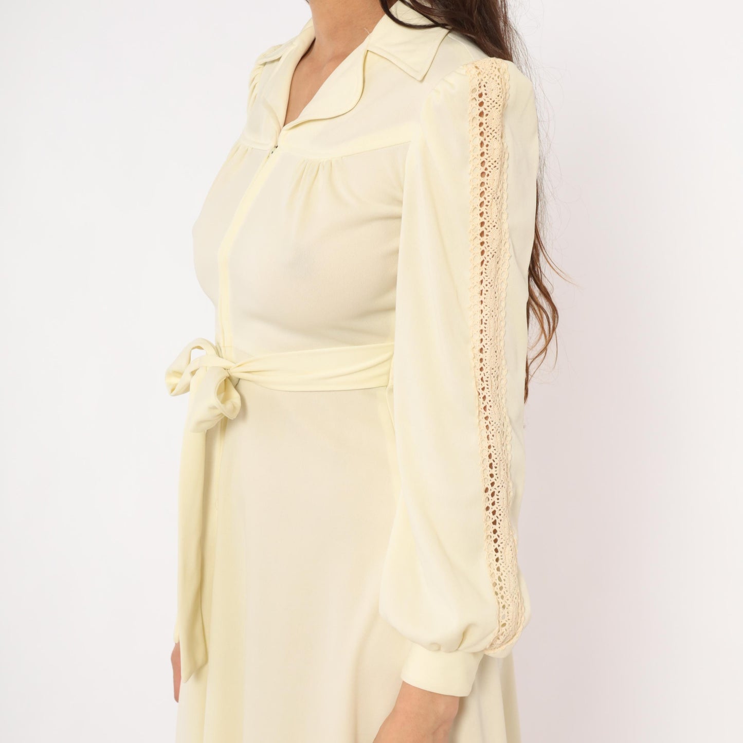 70s Cream Zip-Front Mini Dress Bishop Sleeve Crochet Lace Small S