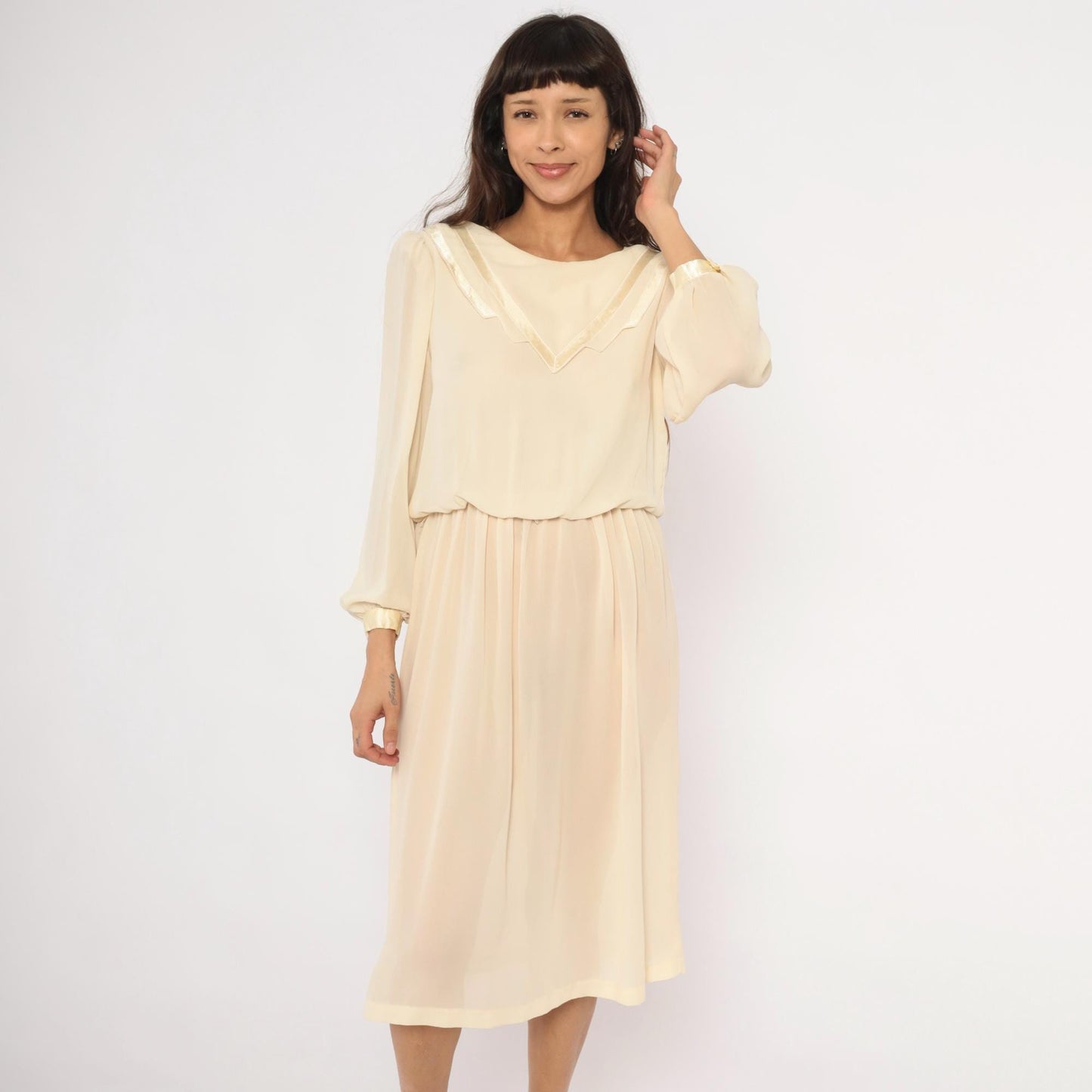 80s Street Scene Cream Chiffon Dress Bishop Sleeve V-Trim Knee-Length Small S