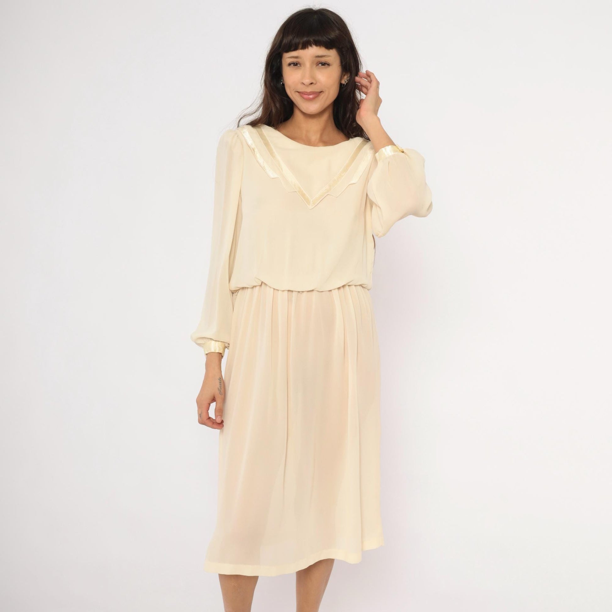 80s Street Scene Cream Chiffon Dress Bishop Sleeve V-Trim Knee-Length Small S