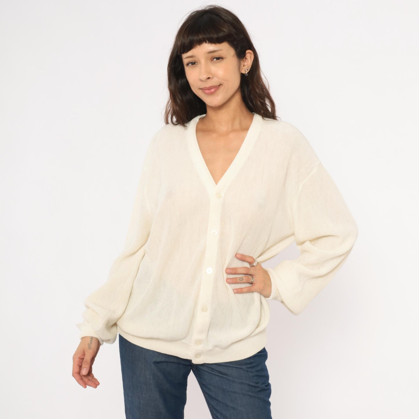 80s Jantzen Ivory Sheer Knit Cardigan V-Neck Button-Up Cream Large L