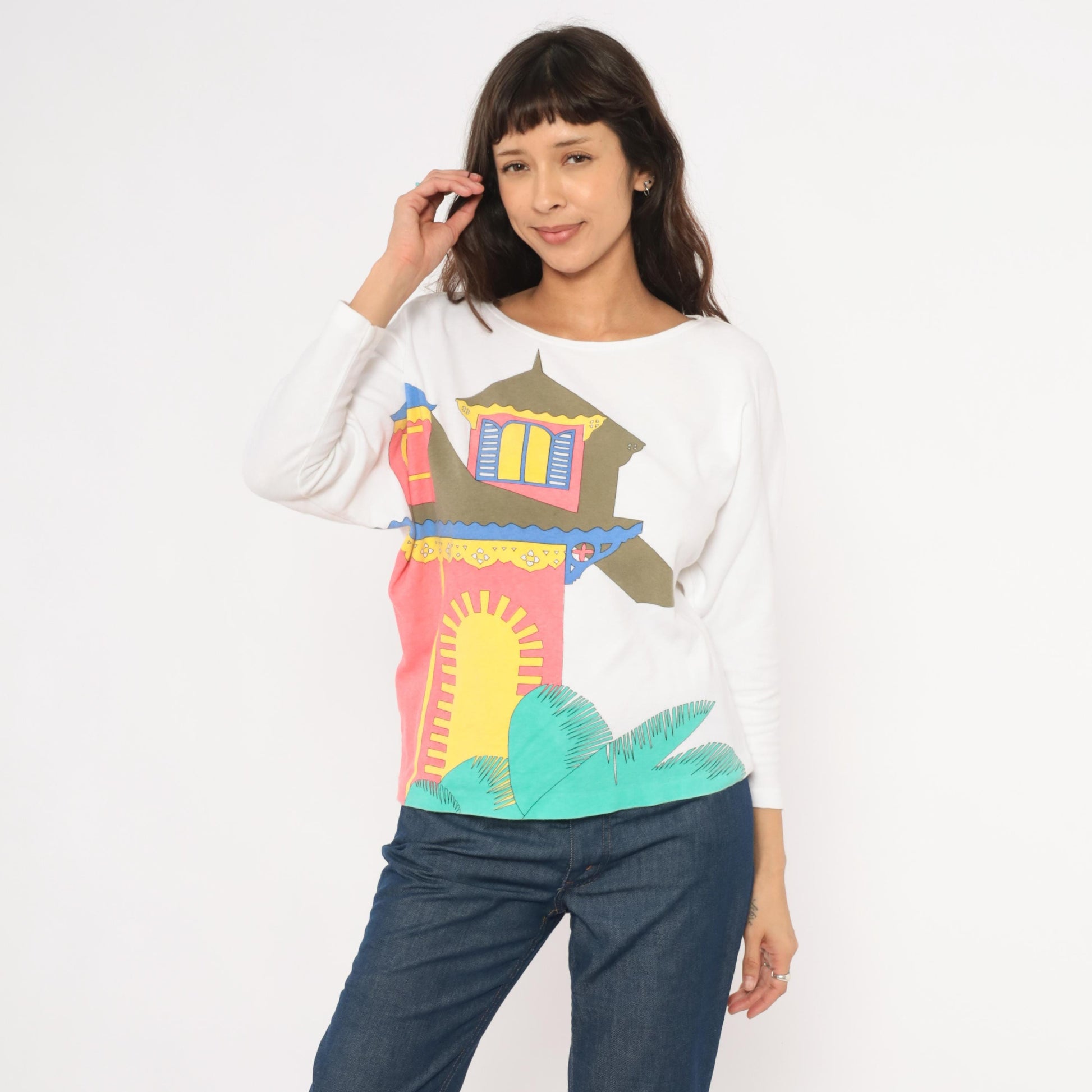 90s Tony Lambert Tropical House Cotton Graphic Tee Boat Neck Medium M