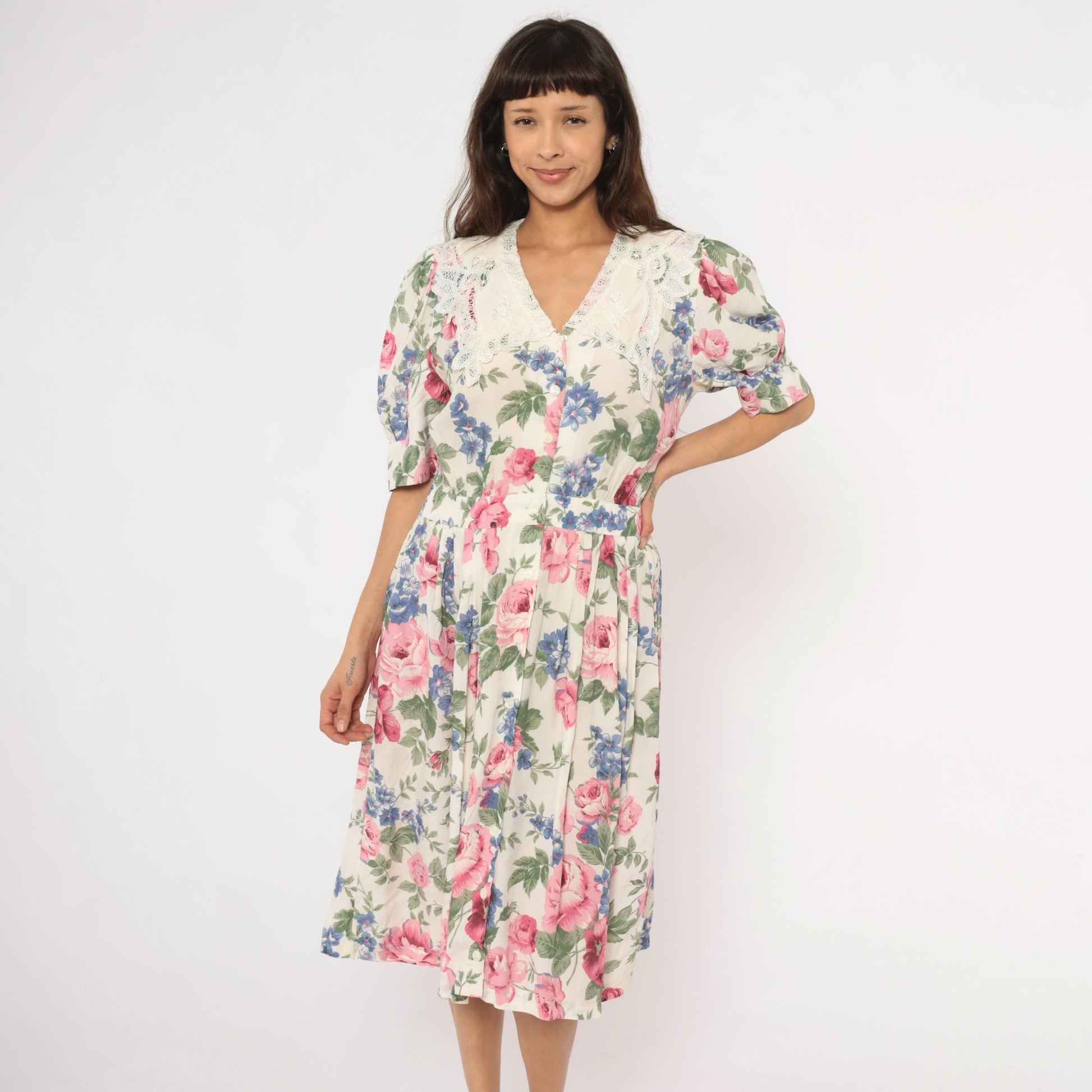 90s Karin Stevens Floral Midi Dress Lace Collar Puff Sleeve Pink Rose Large L