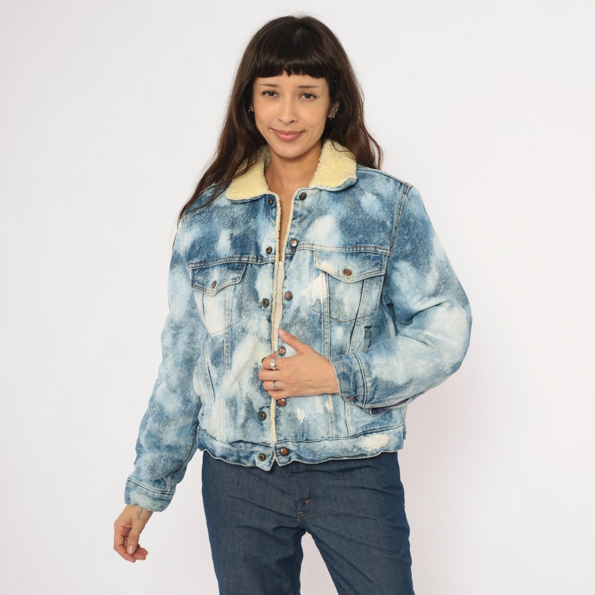 90s Silver Spur Western Acid Wash Denim Jacket Sherpa Lined Small