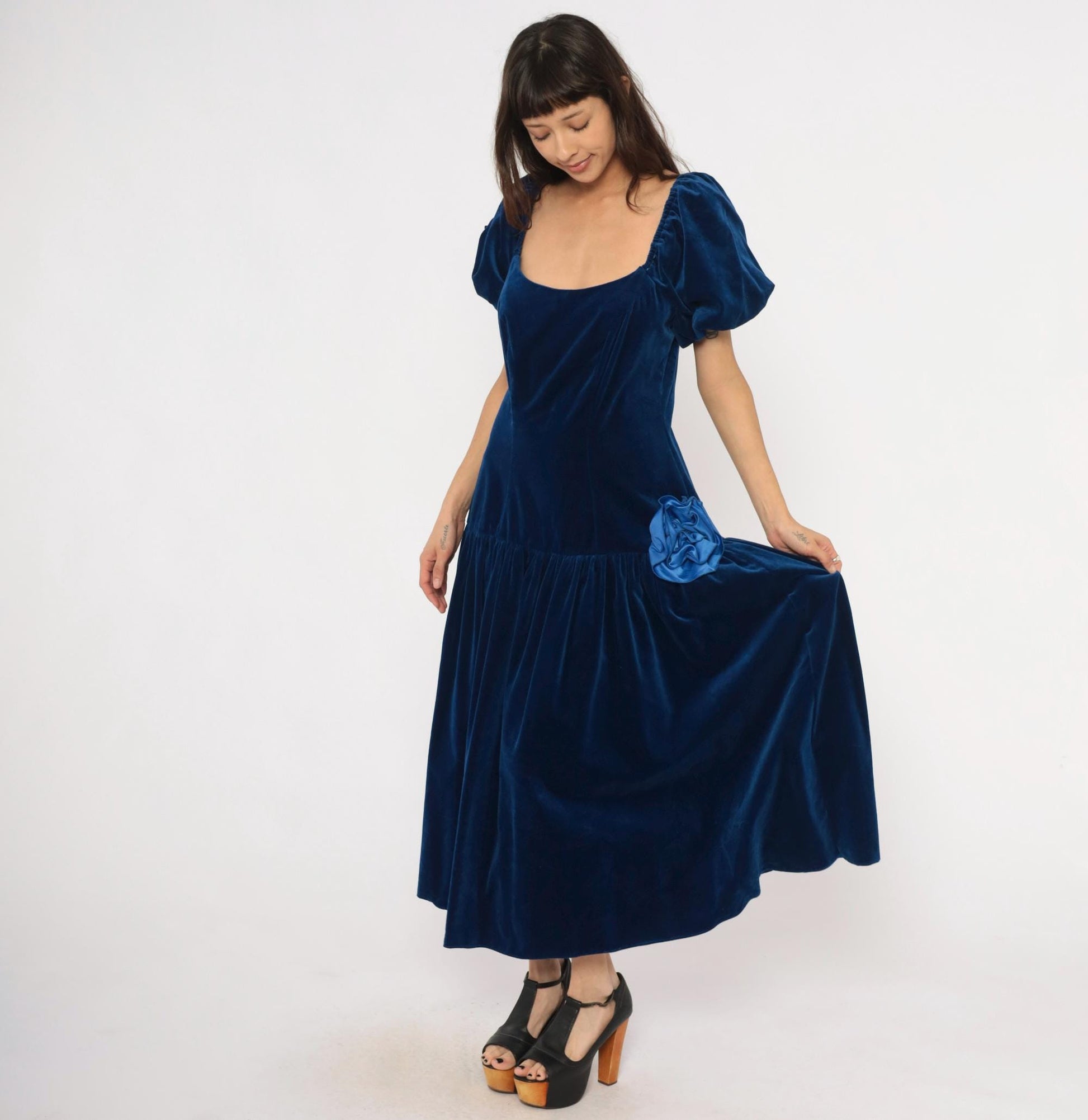 80s Bianchi Navy Velvet Maxi Gown Puff Sleeve Drop Waist Rosette Large L
