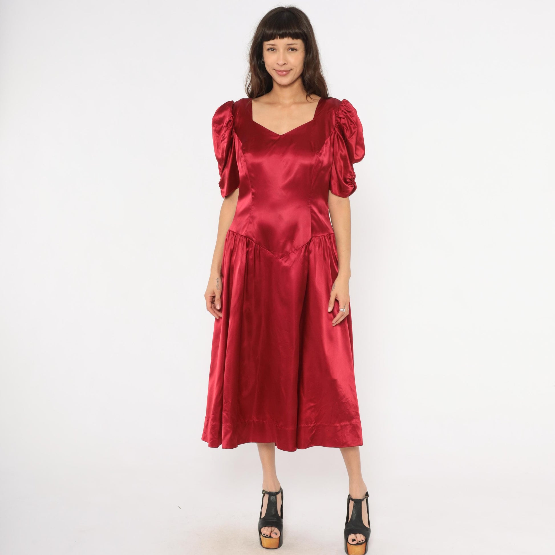 80s Burgundy Satin Midi Dress Puff Sleeve Sweetheart Neckline Bow Back Large L