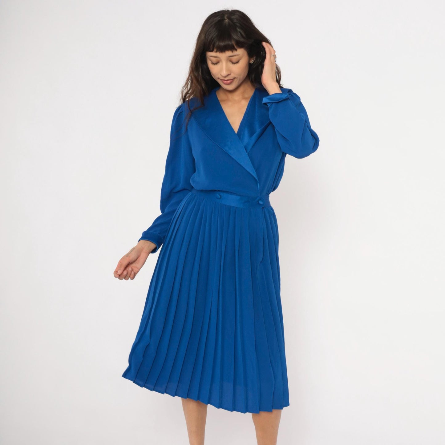 90s Petites for Maggy Cobalt Wrap Dress Puff Sleeve Pleated Knee-Length Medium