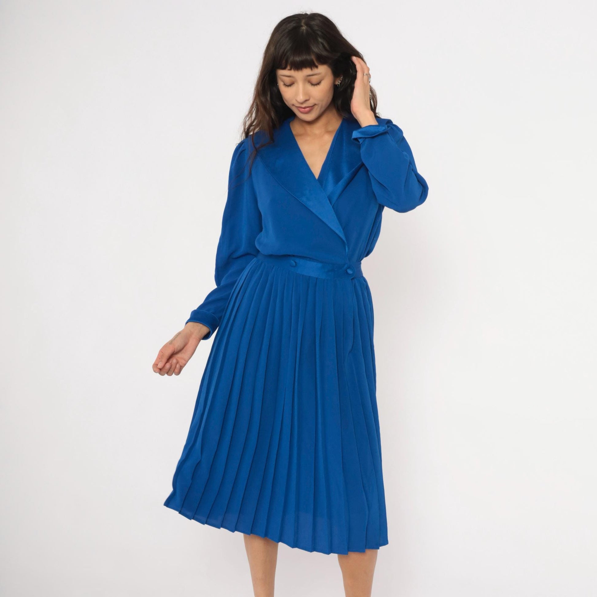 90s Petites for Maggy Cobalt Wrap Dress Puff Sleeve Pleated Knee-Length Medium