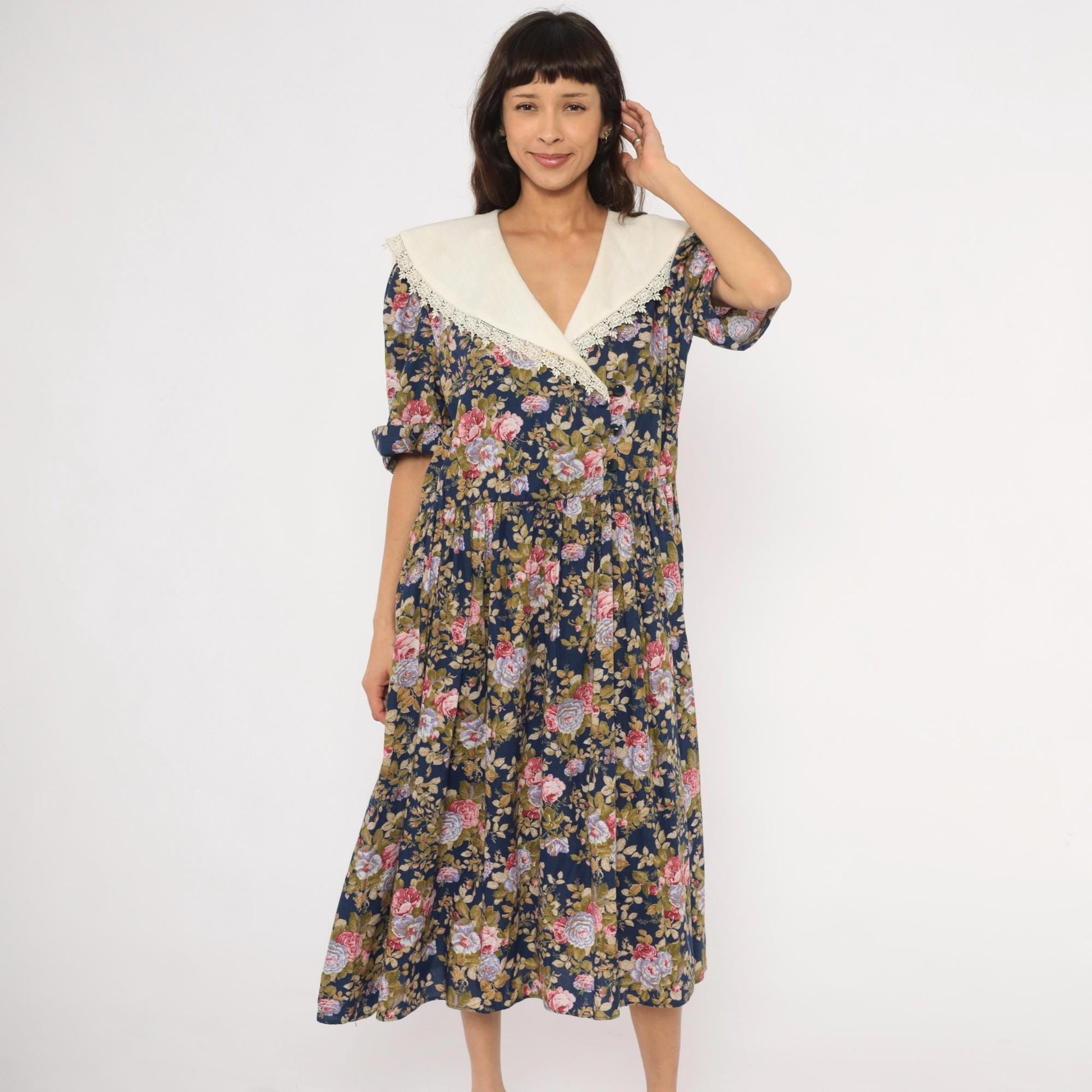80s Tina Barri Floral Midi Dress Navy Rose Lace Collar Short Sleeve Extra Large