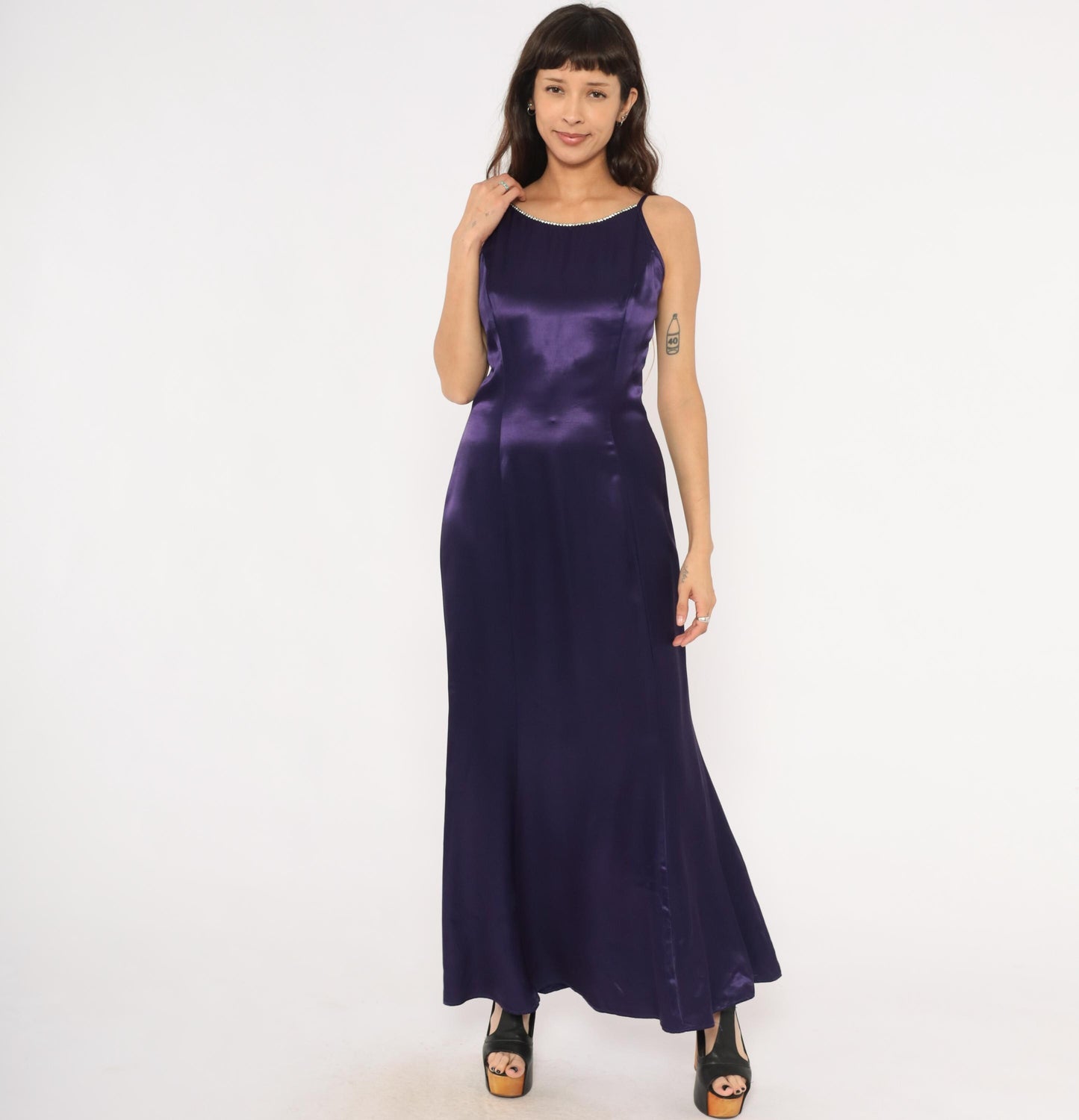90s Jessica McClintock Gunne Sax Purple Satin Maxi Gown Rhinestone Small S