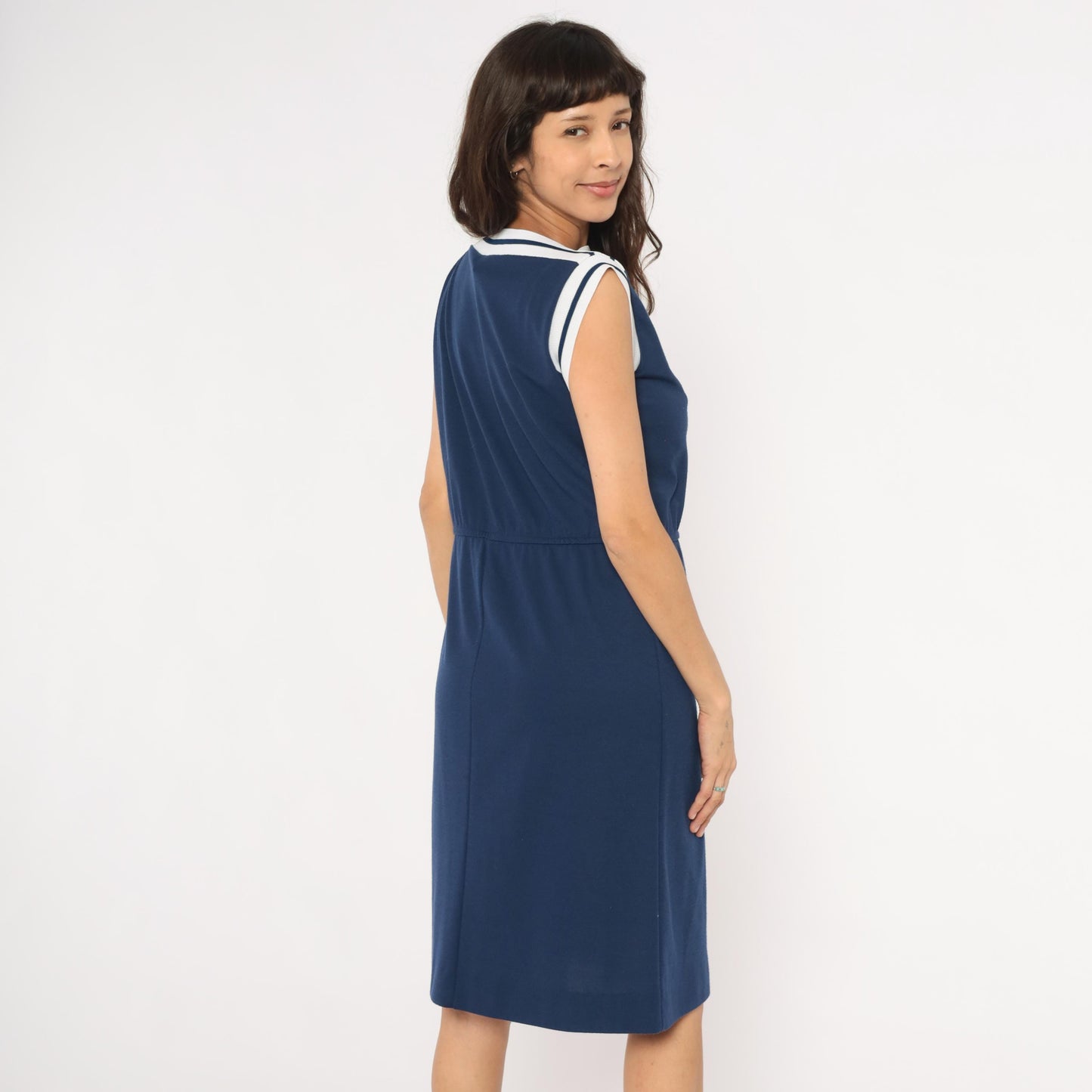 80s Navy Sailor Collar Dress Knee Length White Stripe Trim Cap Sleeve Large L