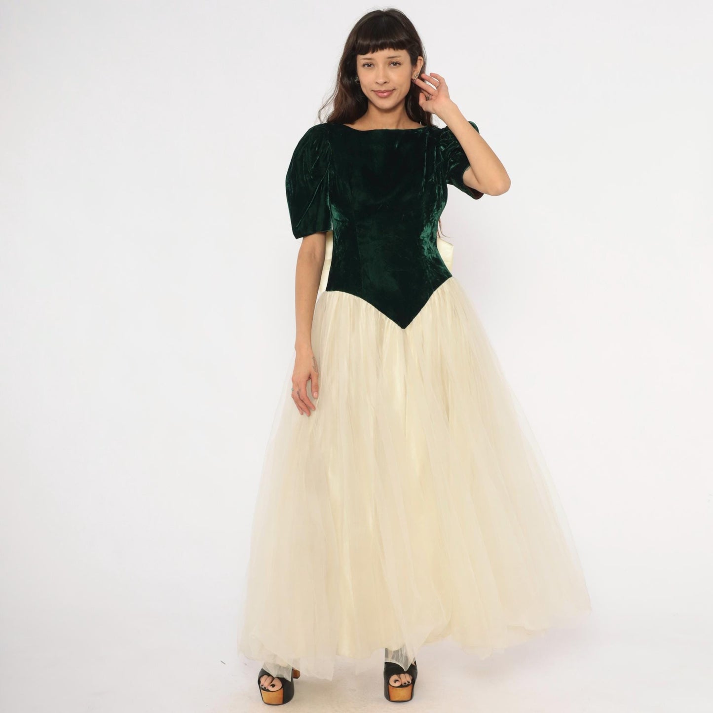 80s Emerald Velvet Puff Sleeve Gown Cream Tulle Skirt Basque Waist Medium M