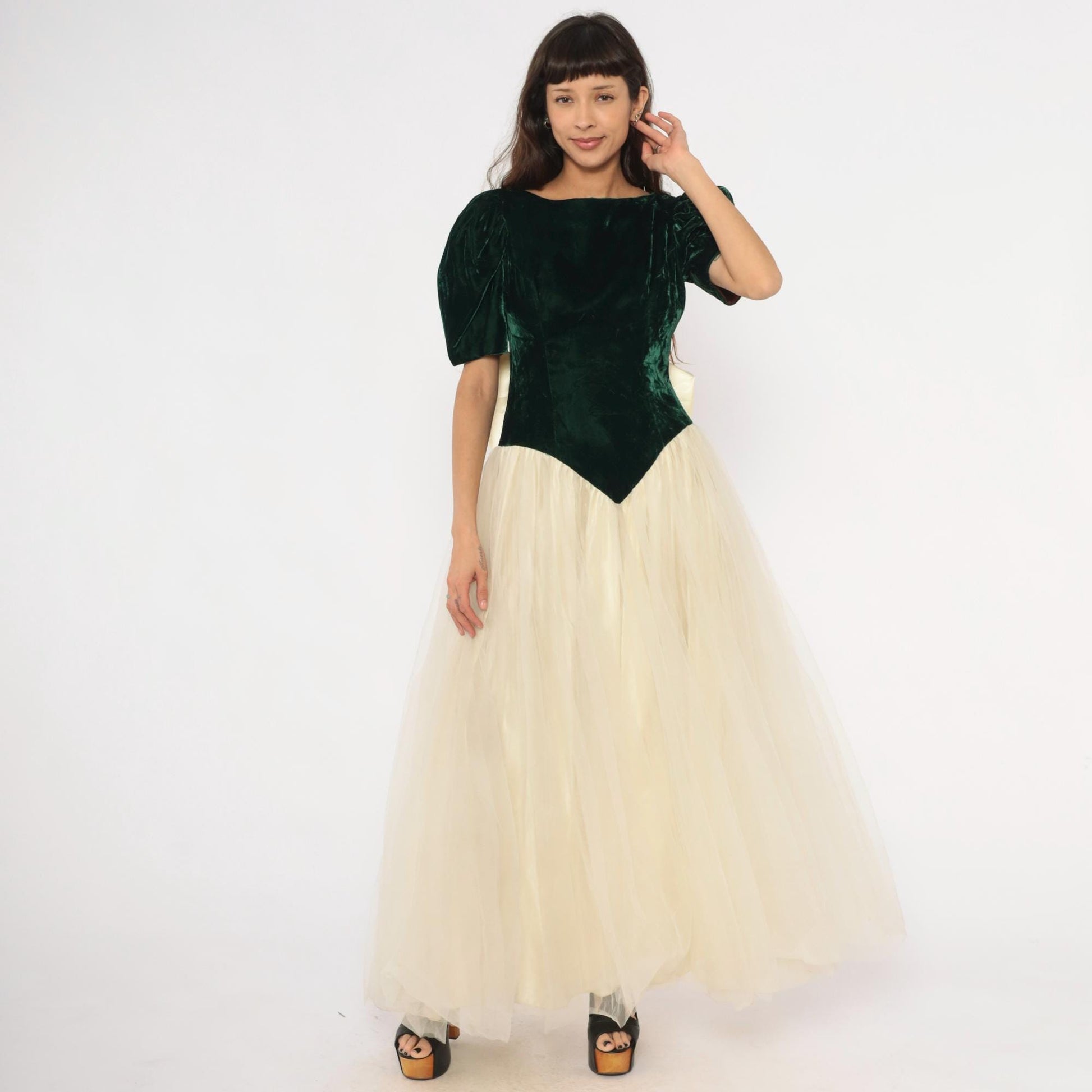 80s Emerald Velvet Puff Sleeve Gown Cream Tulle Skirt Basque Waist Medium M