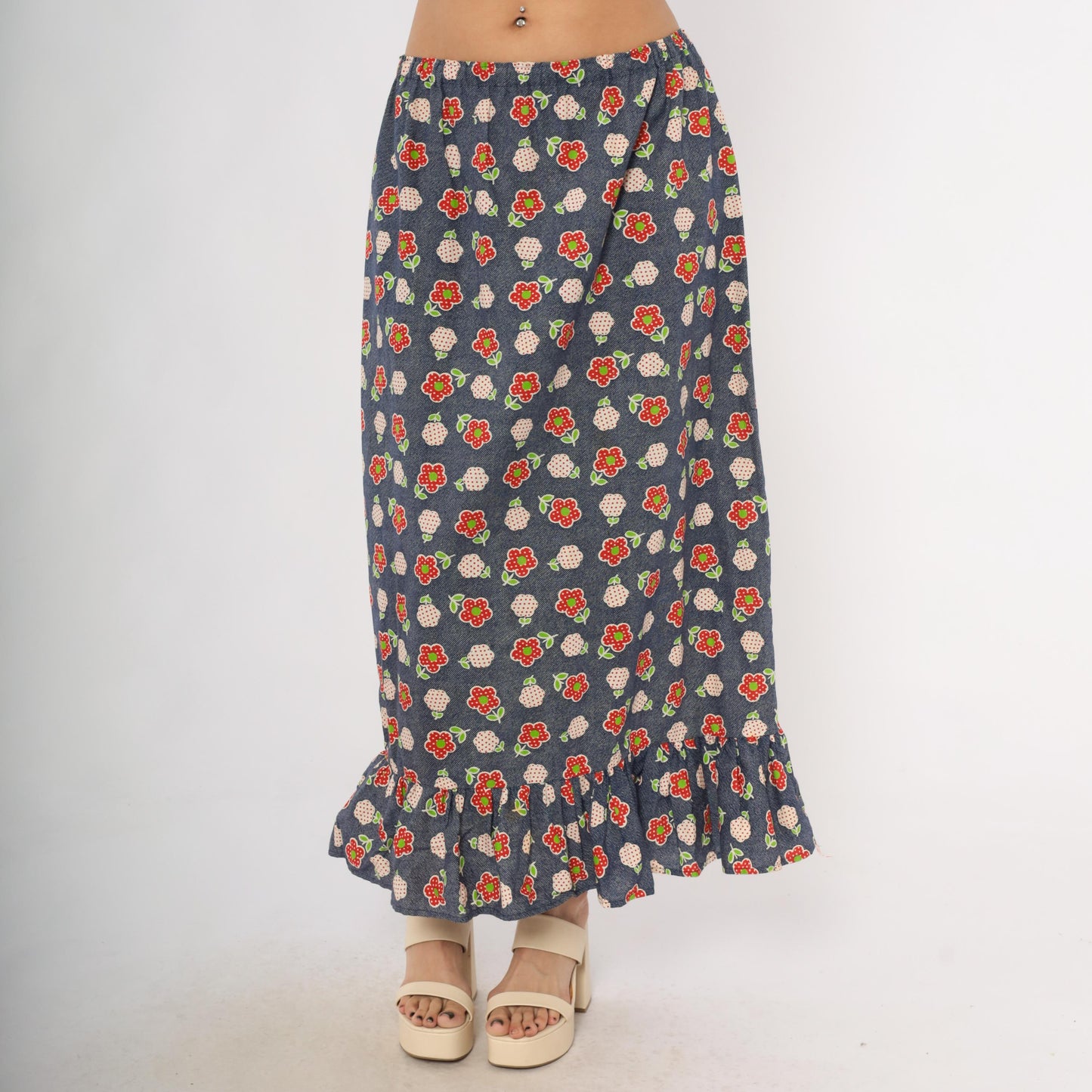 70s Navy Floral Maxi Skirt Strawberry Print Cotton Ruffle Hem Large L