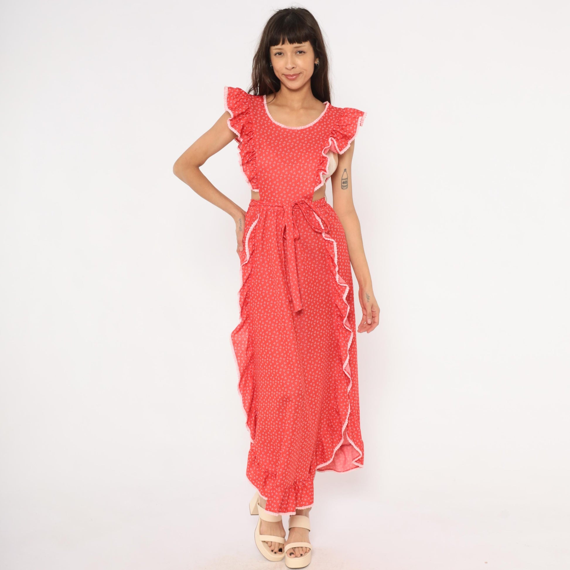 70s Gay Gibson Red Calico Maxi Dress Flutter Sleeve Lace Trim Small