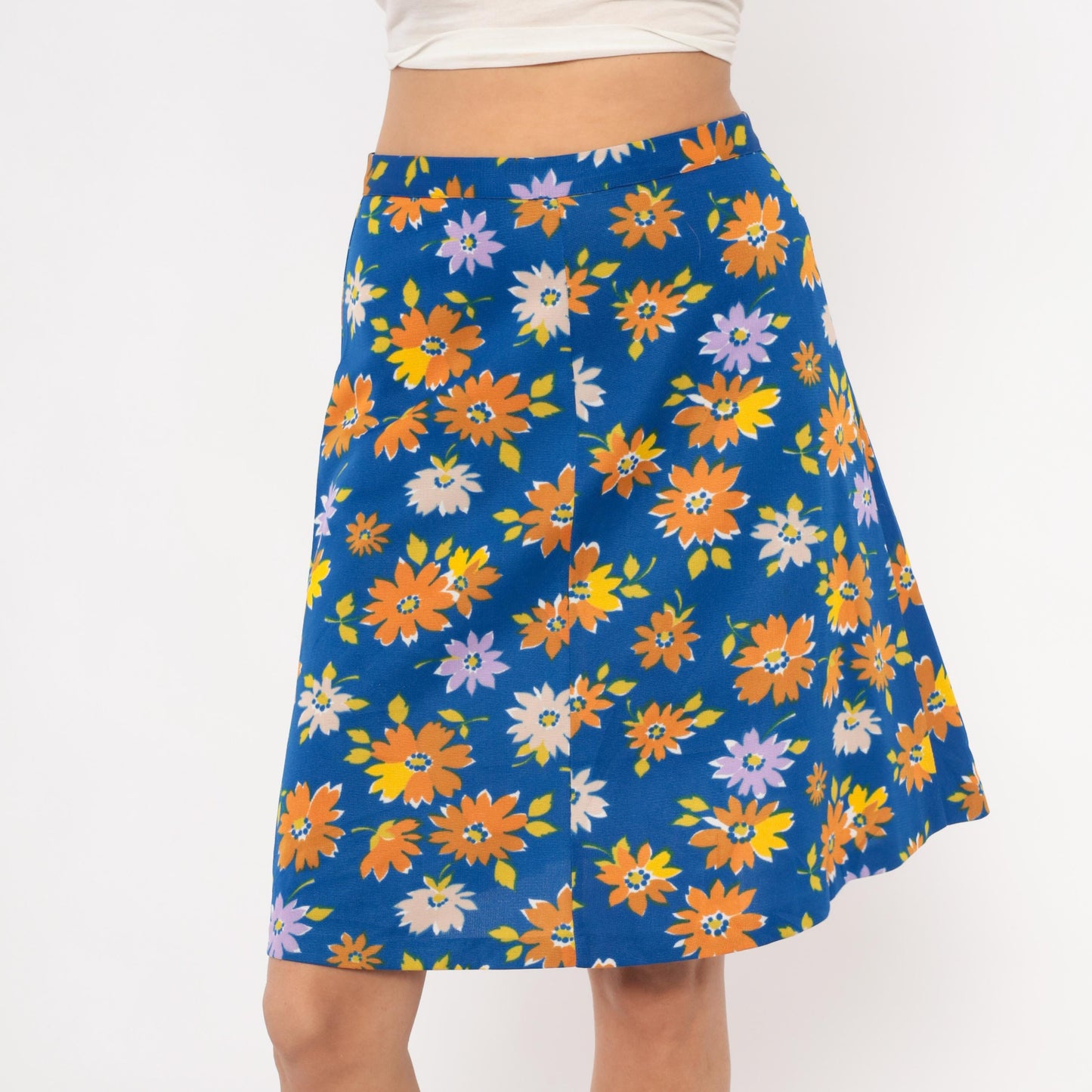 70s Cobalt Blue Daisy Print A-Line Mini Skirt Floral Small S