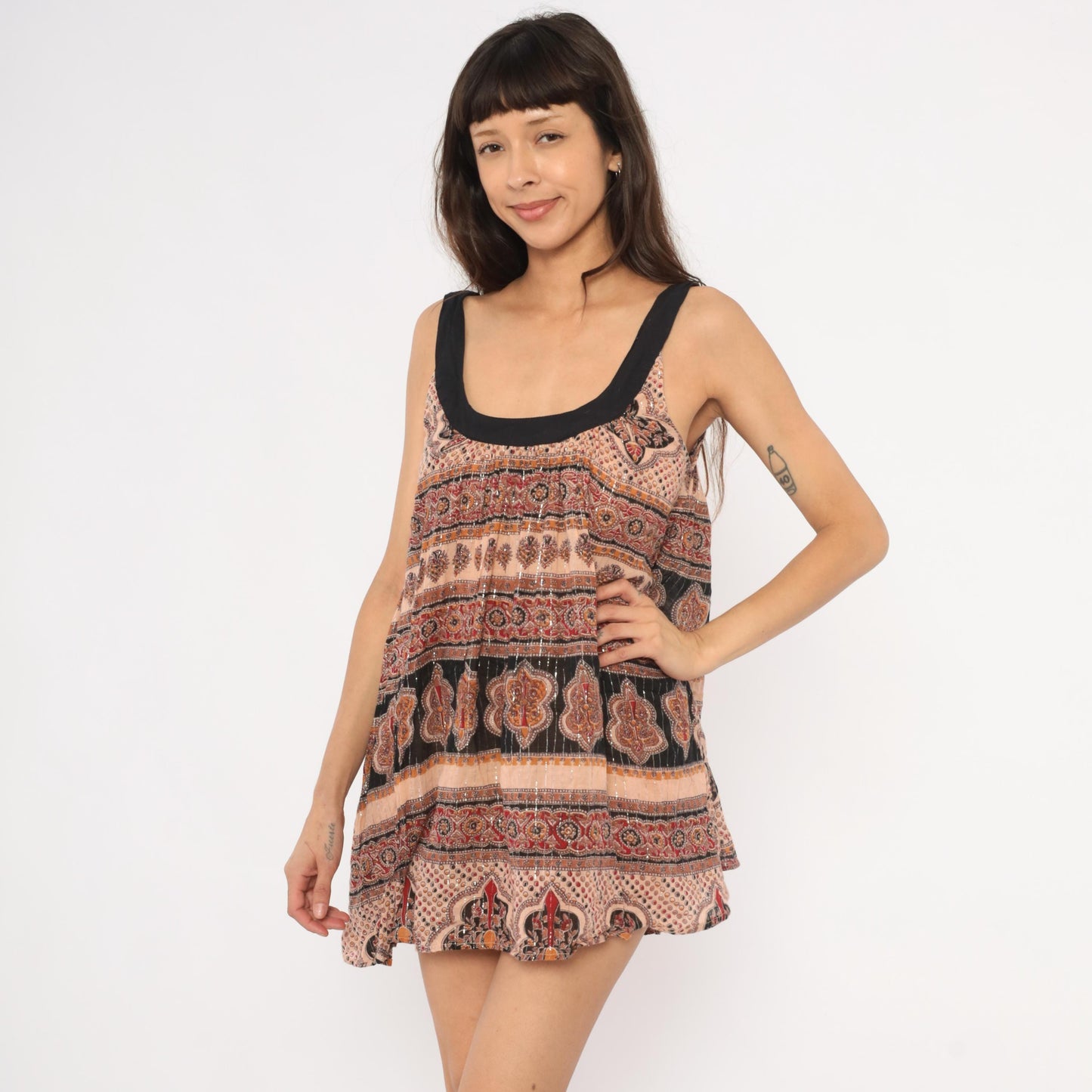 Y2K Bakul Indian Block Print Mini Dress Paisley Black Burgundy Small