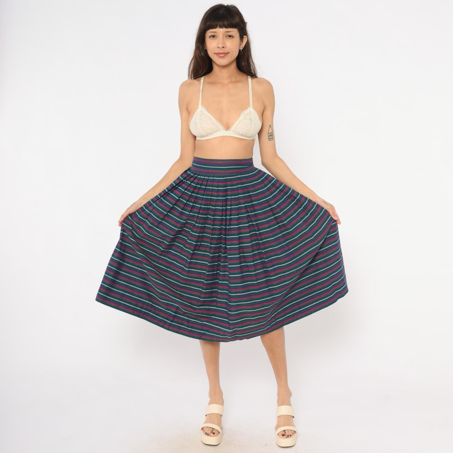 60s Striped Pleated Midi Skirt Teal Burgundy Navy High Waist Cotton Small