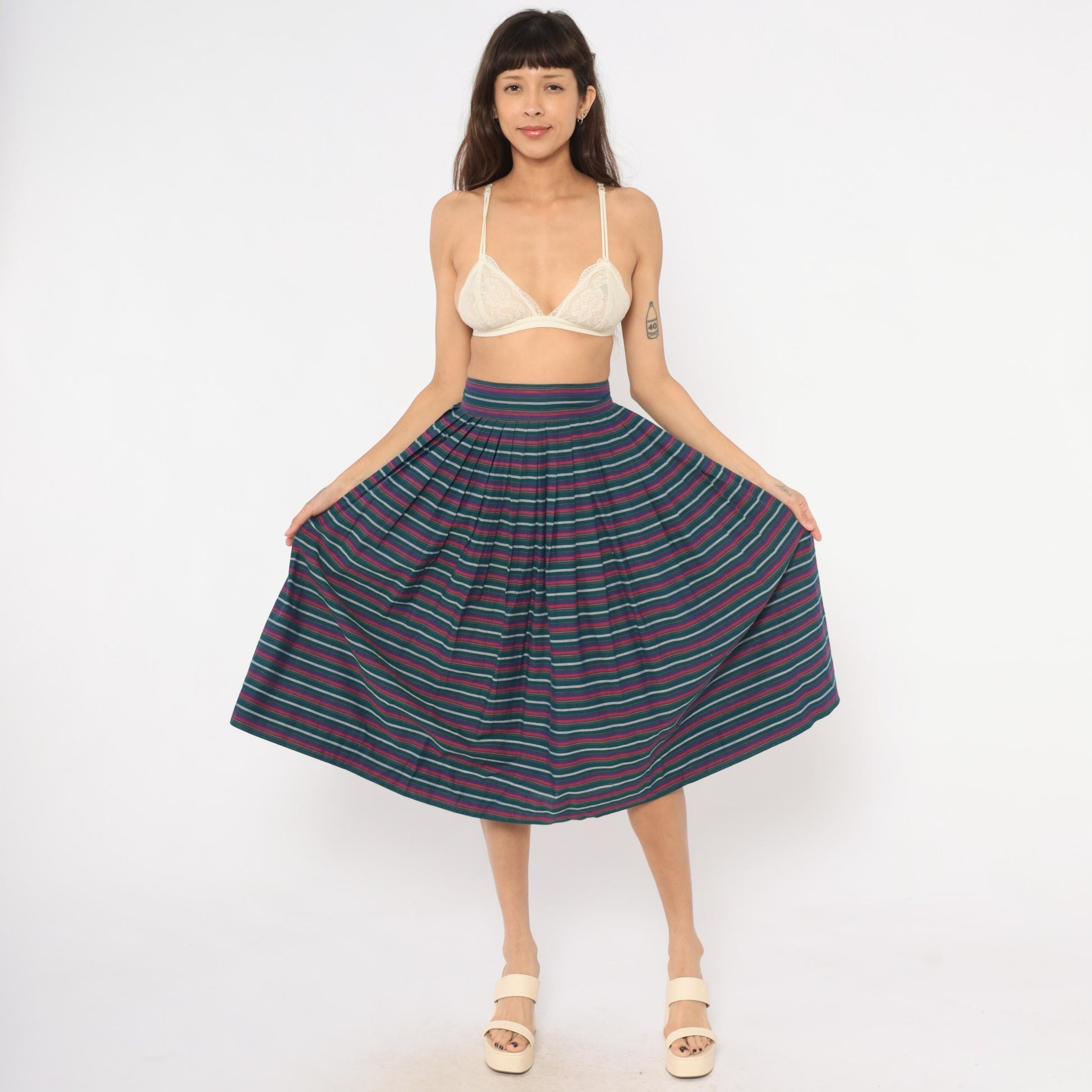 60s Striped Pleated Midi Skirt Teal Burgundy Navy High Waist Cotton Small