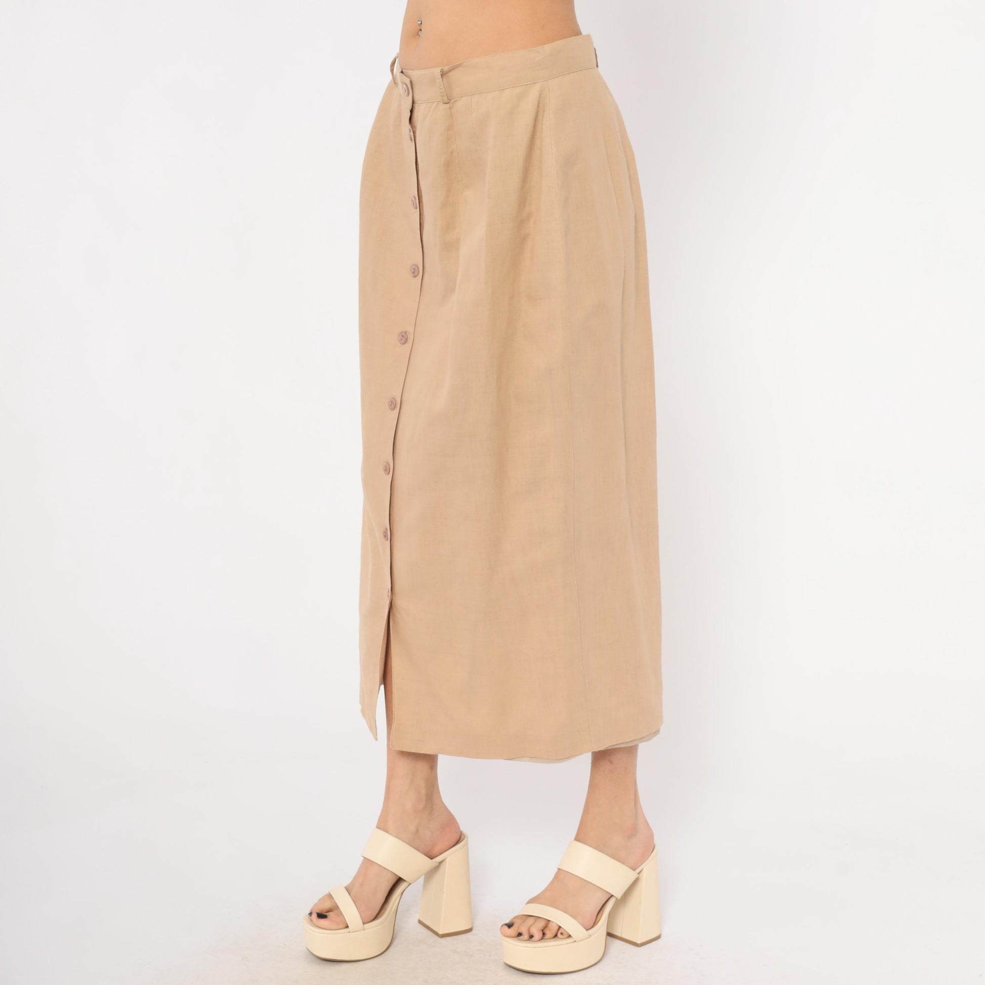 80s Carry Back Tan Linen Midi Skirt Button Front Medium M