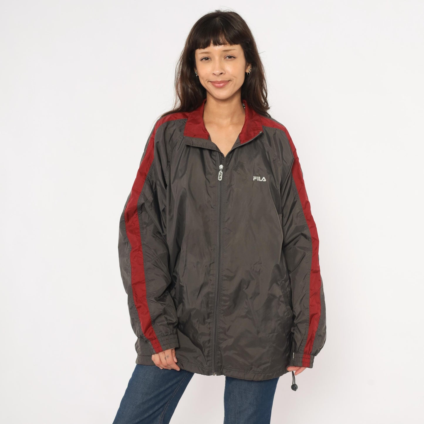 Y2K Fila Windbreaker Charcoal Grey Burgundy Colorblock Track Jacket Large L